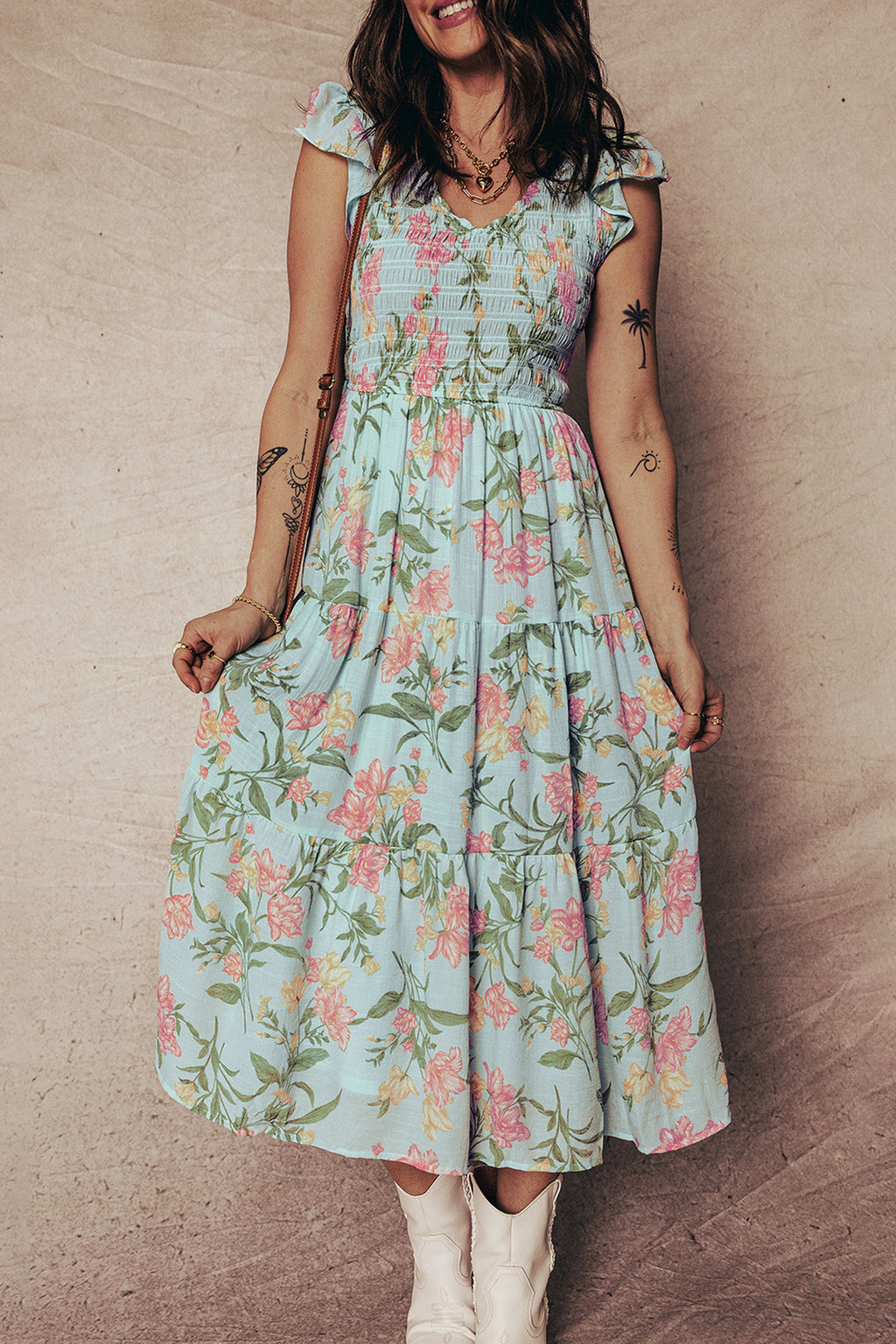 Women's Smocked Bodice Ruffled Sleeveless Tiered Floral Maxi Dress at LivelyLooks
