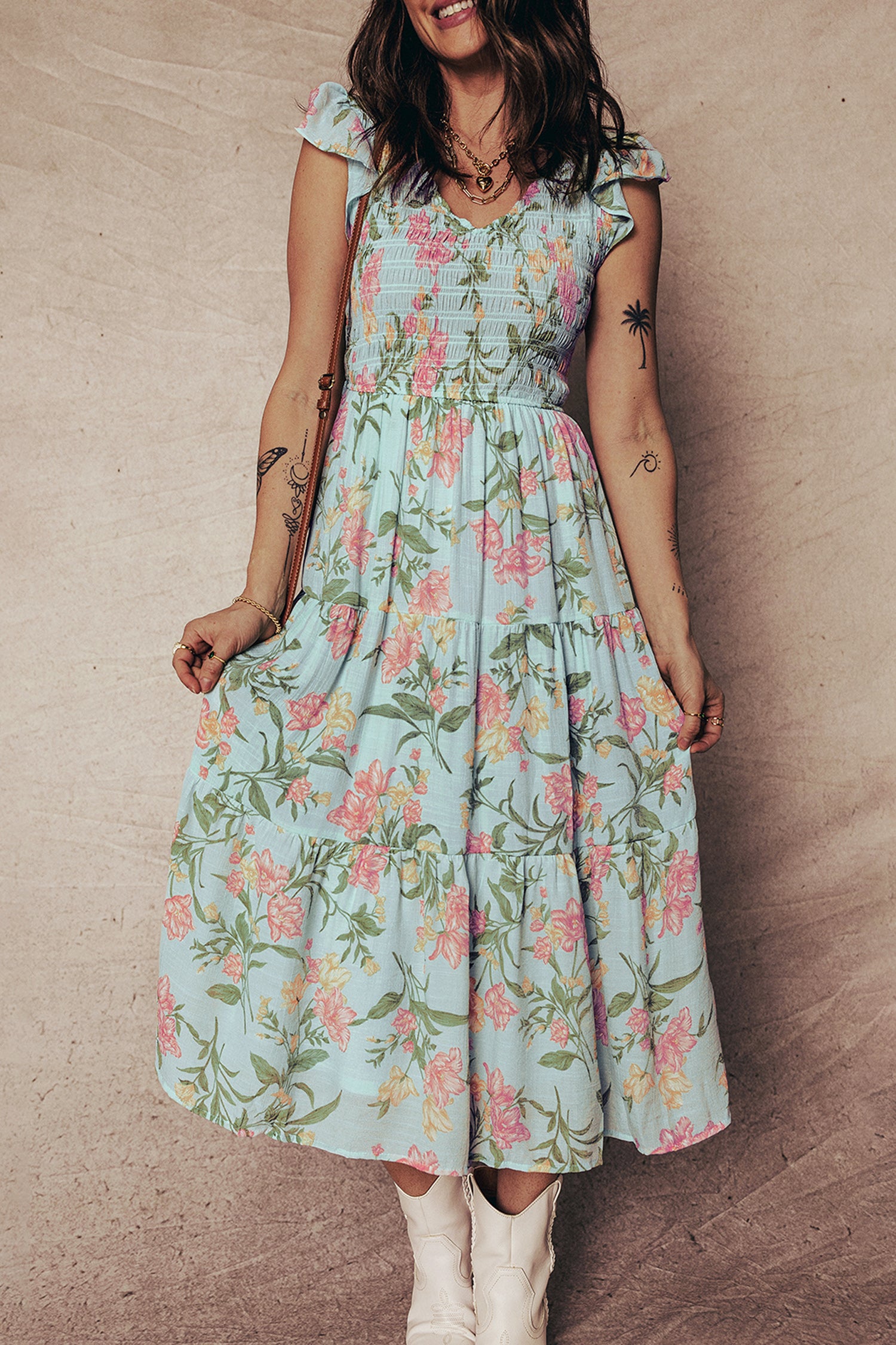 Women's Smocked Bodice Ruffled Sleeveless Tiered Floral Maxi Dress at LivelyLooks