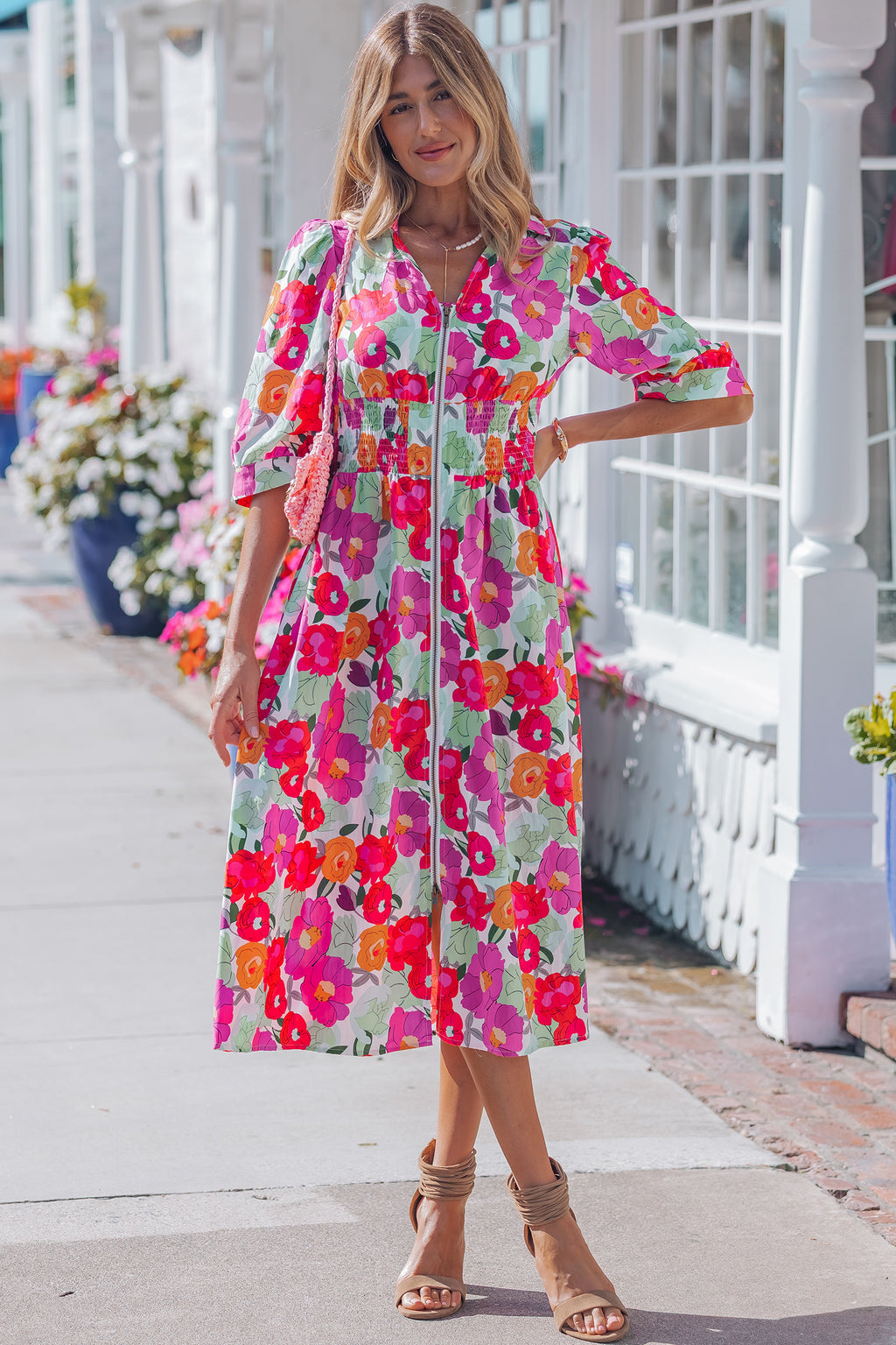 Rose Floral Print Zip Front Shirred Waist Flared Half Sleeve Midi Dress S-XL