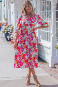 Rose Floral Print Zip Front Shirred Waist Flared Half Sleeve Midi Dress S-XL