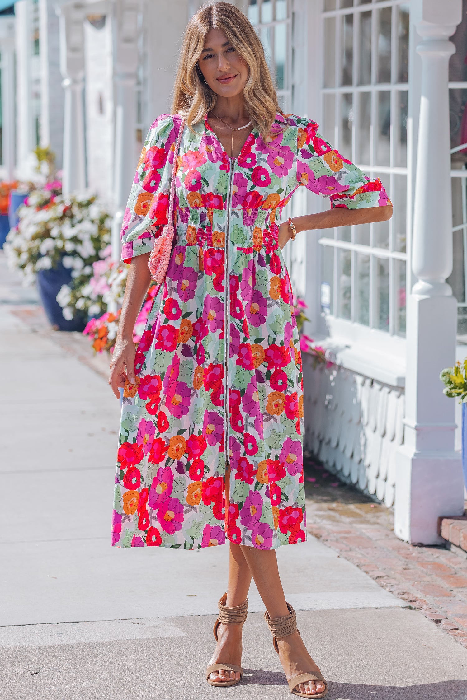 Rose Floral Print Zip Front Shirred Waist Flared Half Sleeve Midi Dress S-XL