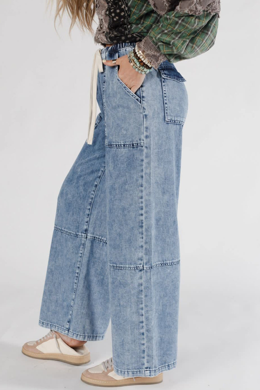 Shop Ashleigh Blue Acid Wash Exposed Seam Drawstring Elastic Waist Barrel Jeans at LivelyLooks