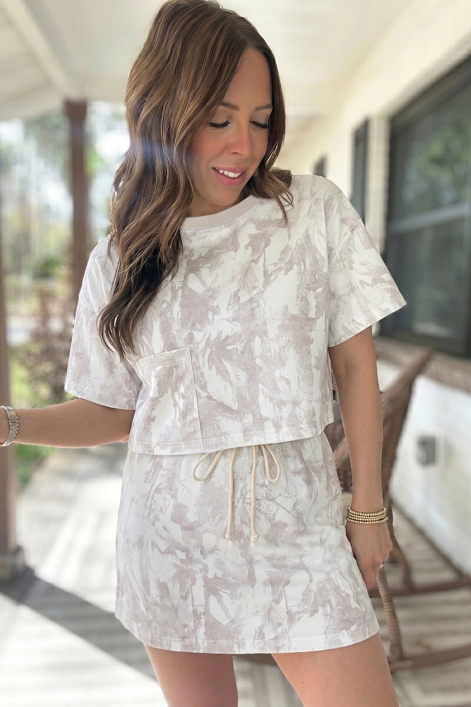 Grey Camo Print Raw Edge Cropped Top & Mini Skirt Co-ord Set