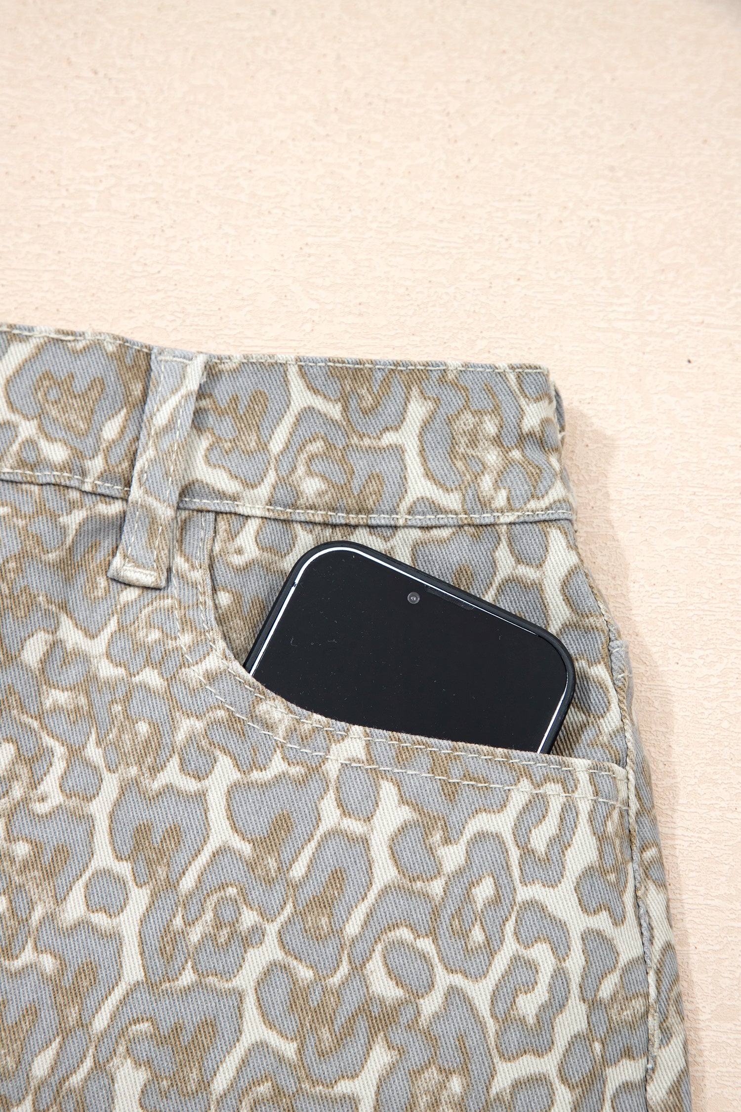Khaki Raw Edge Leopard Print Denim Shorts | UK 8–20