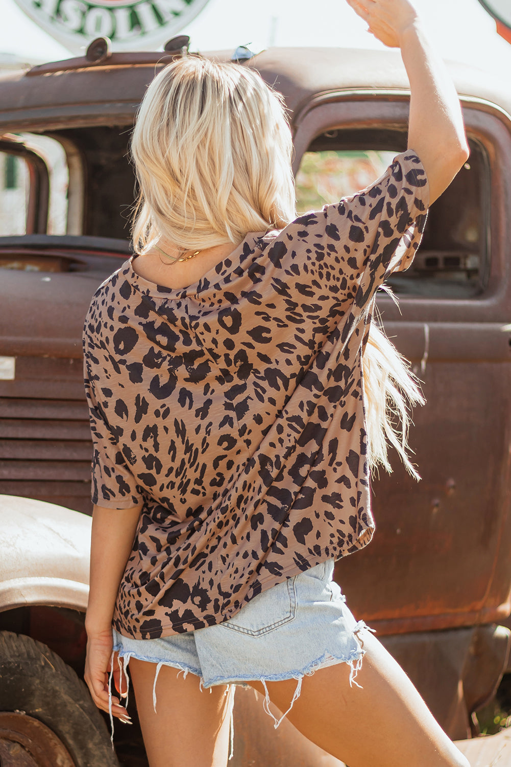 Women's Brown Leopard Print V-Neck Half Sleeve Oversized Tee Animal Pattern T-Shirt Top at LivelyLooks