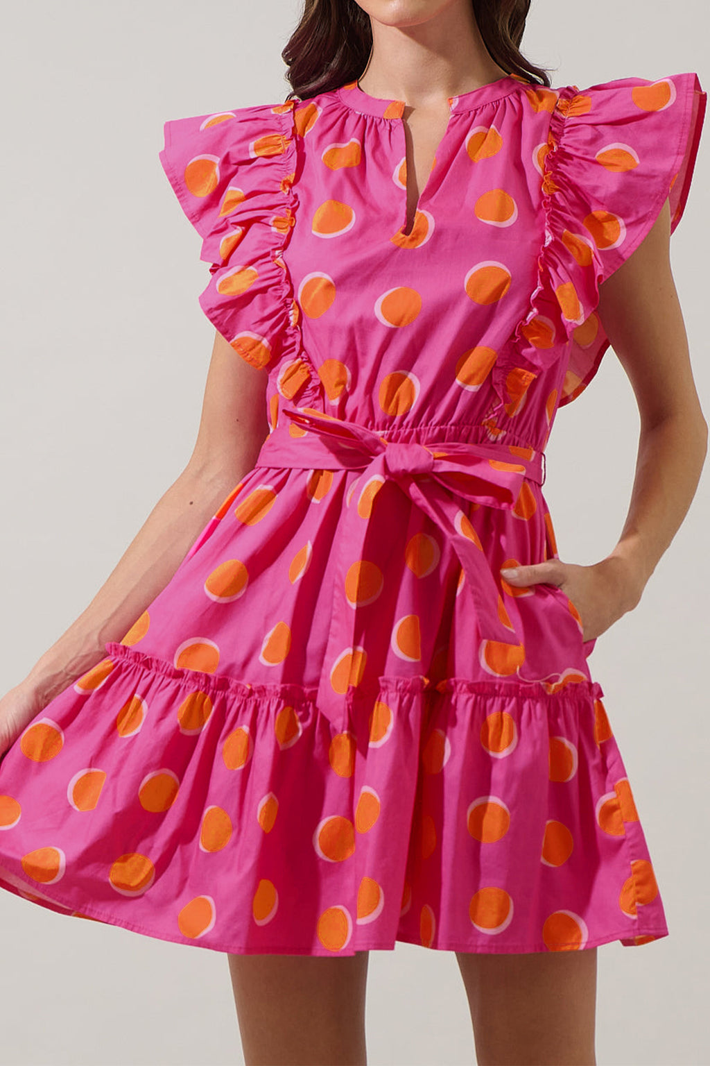 Rose Polka Dot V-Neck Ruffle Short Sleeve Knot Waist Mini Dress