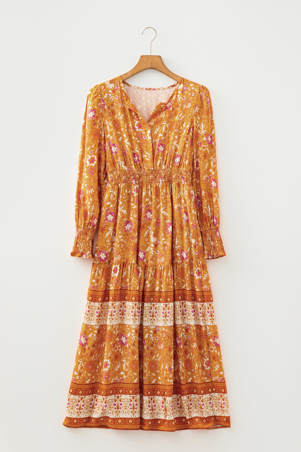Women's Orange Floral Boho Maxi Dress Smocked Waist Puff Sleeve Tiered S-XL at LivelyLooks