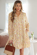 Yellow Floral Print Smocked Cuff Long Sleeve Loose Shirt Mini Dress | UK 8-22