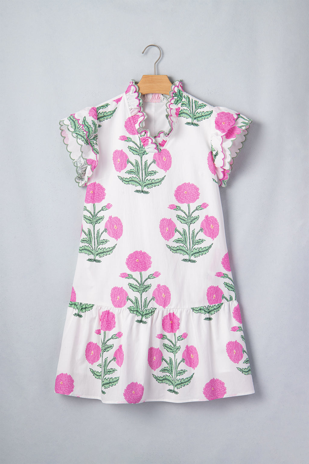 Wild Floral Mini Dress Scalloped Embroidery Trim V Neck Drop Waist White Sky Blue S-XL