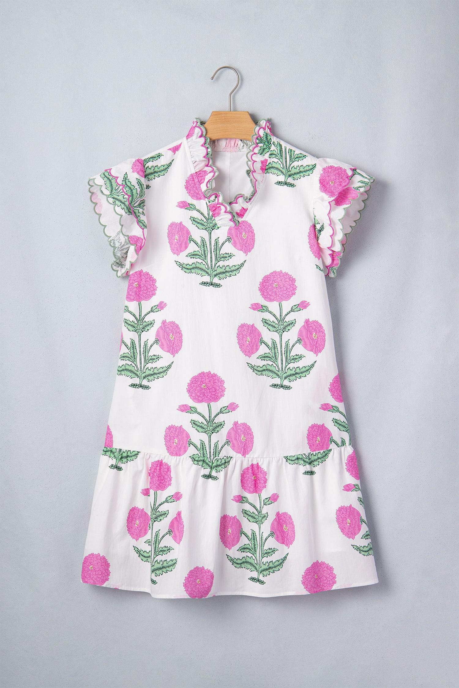 Wild Floral Mini Dress Scalloped Embroidery Trim V Neck Drop Waist White Sky Blue S-XL