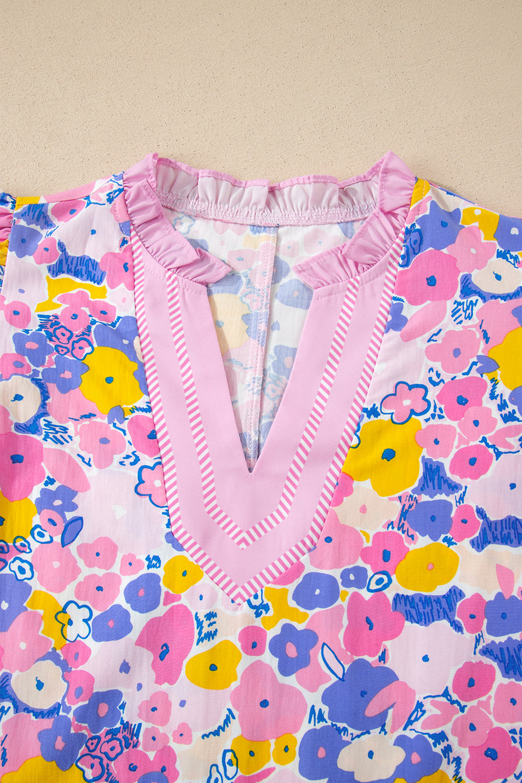 Shop Pink Playful Floral Print Striped Color Block Patchwork V Neck Flutter Sleeve Blouse at LivelyLooks