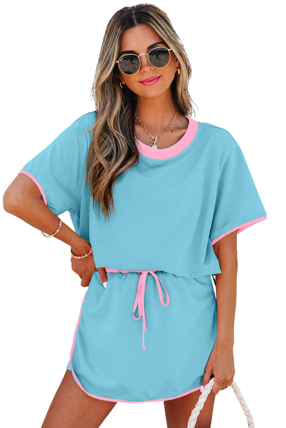 Colourblock Drop Shoulder T-Shirt & Skort 2-Piece Set Beige Black Green