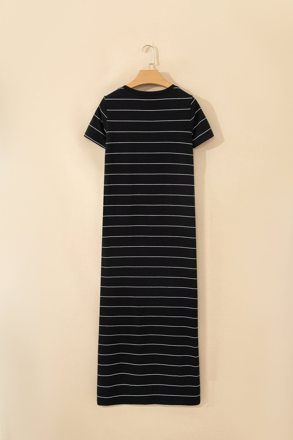 Khaki Stripe Casual Short Sleeve Side Slit Maxi T-Shirt Dress S-XL