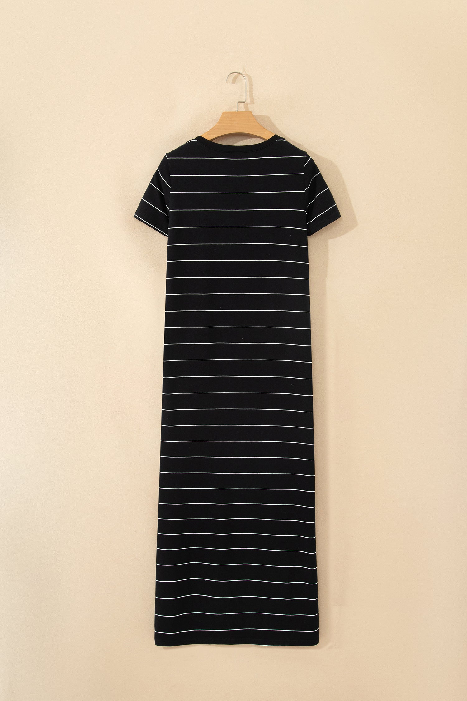 Khaki Stripe Casual Short Sleeve Side Slit Maxi T-Shirt Dress S-XL