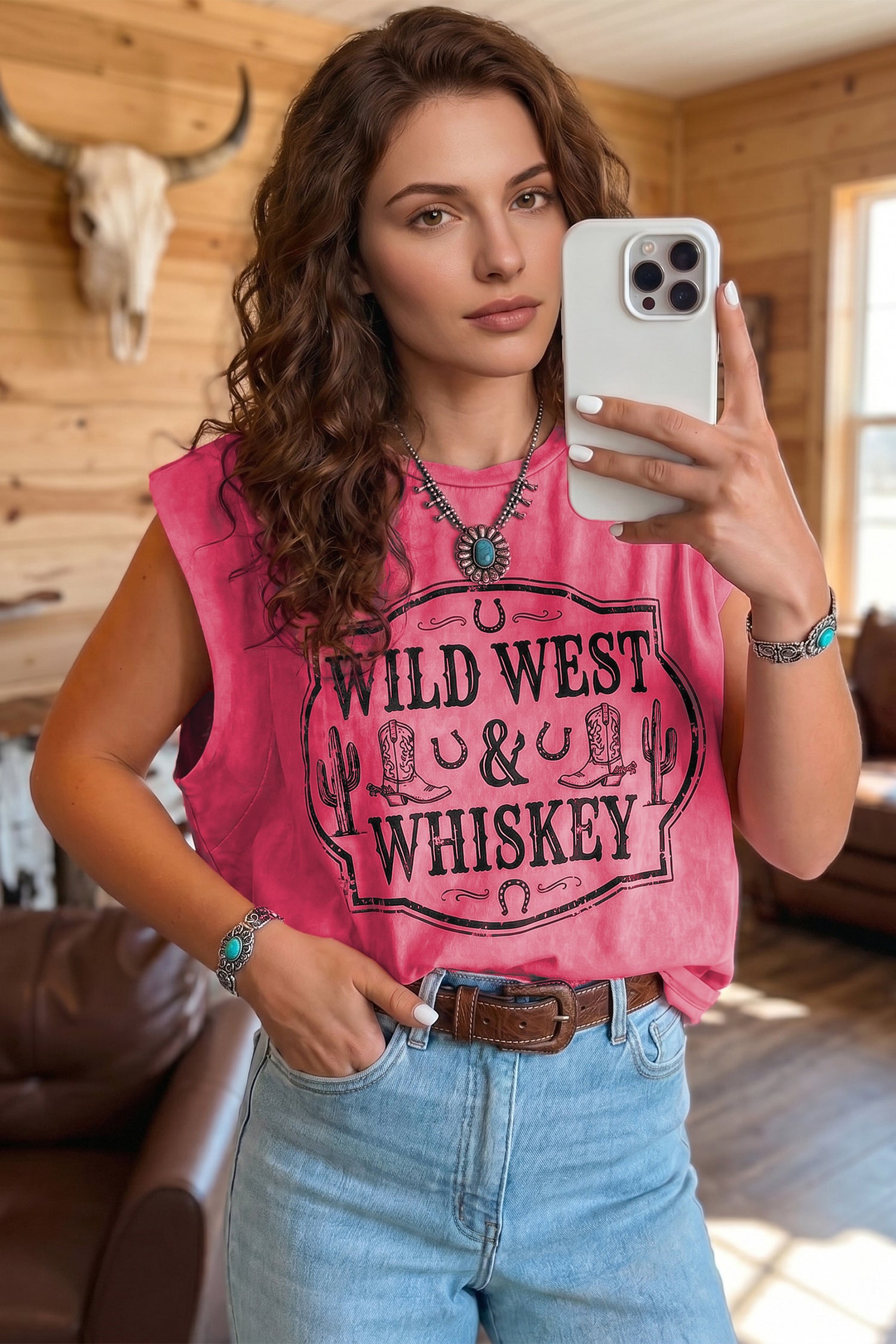 Pink Wild West Whiskey Print Sleeveless Muscle Top | UK 8–22
