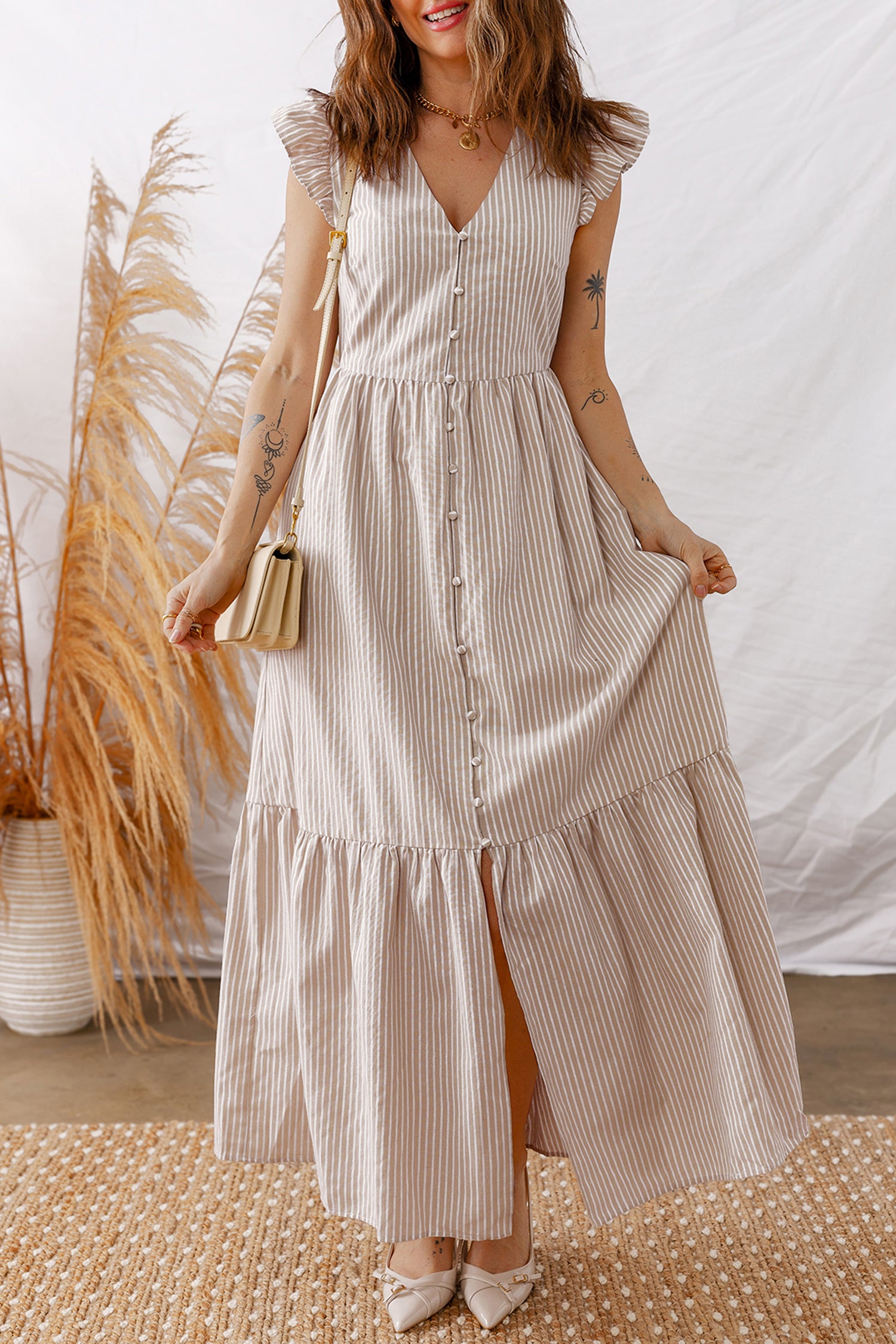 Shop Stripe Flutter Sleeve Button Front Slit Maxi Dress | S-XL at LivelyLooks