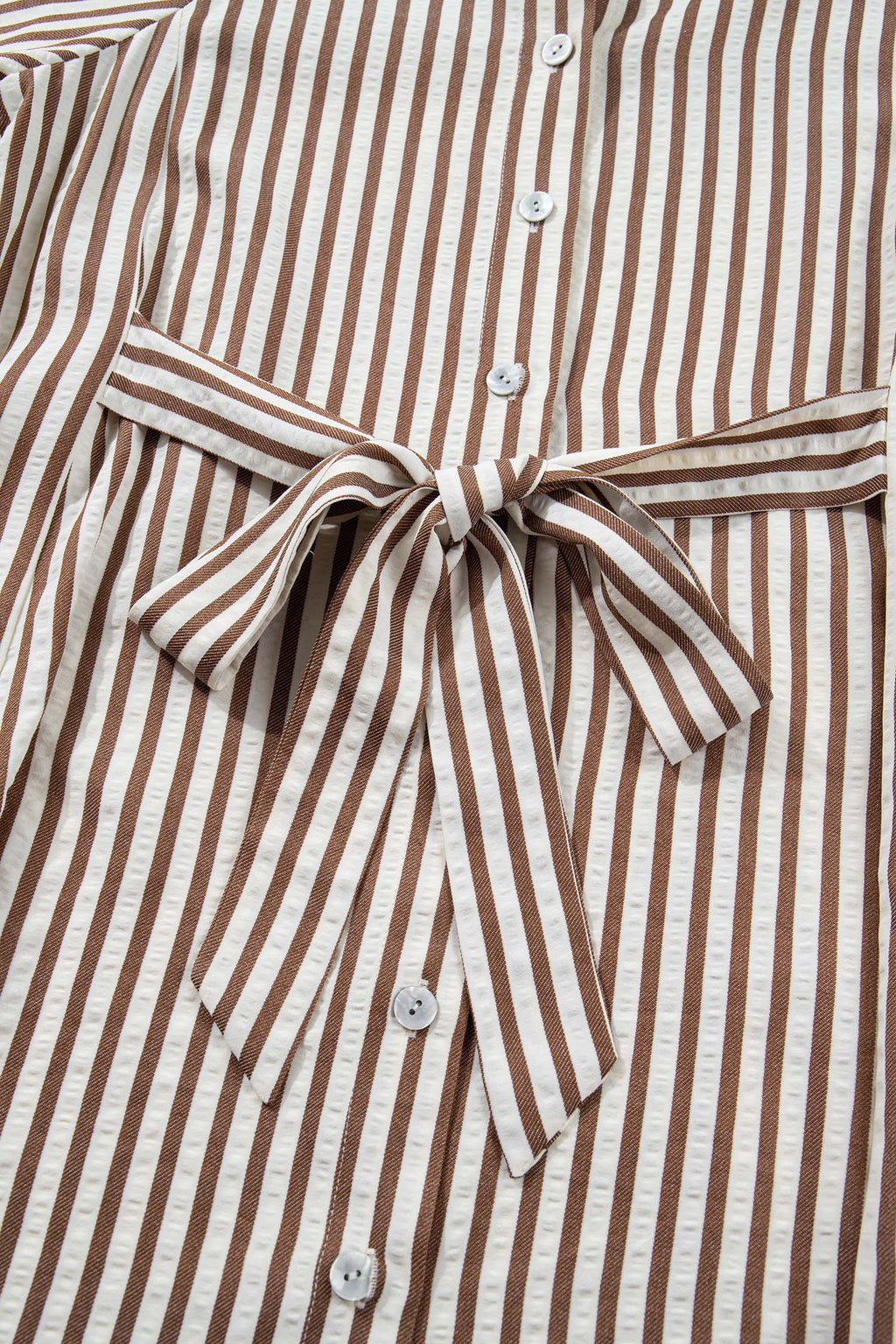 Brown Stripe Knot Waist Puff Sleeve Button Down Mini Shirt Dress S-XL