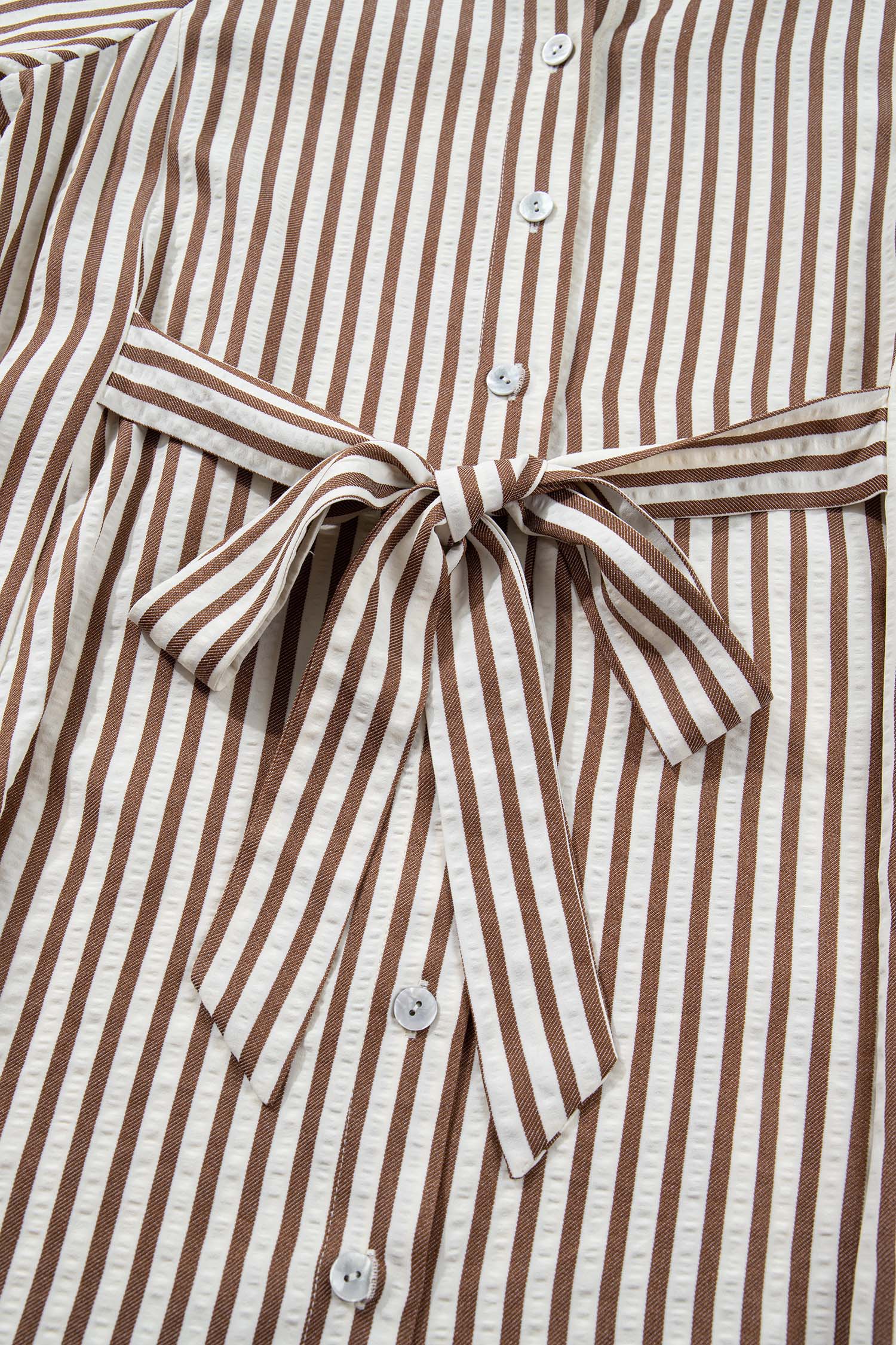 Brown Stripe Knot Waist Puff Sleeve Button Down Mini Shirt Dress S-XL