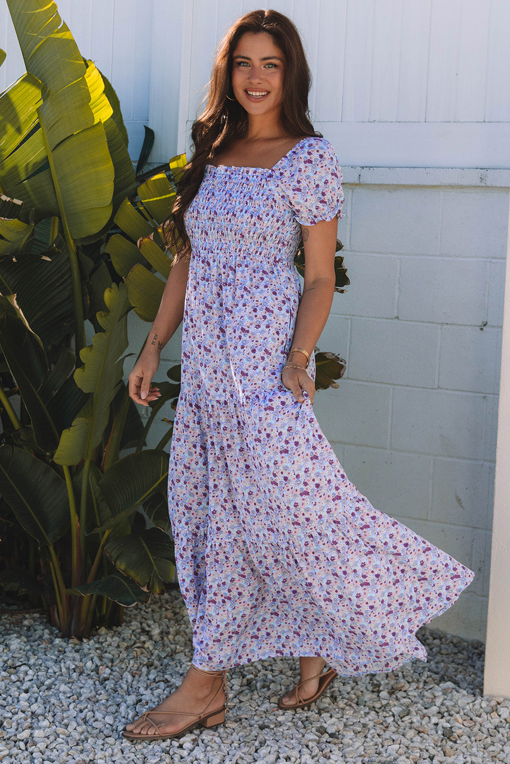 LivelyLooks Floral Bubble Sleeve Shirred High Waist Maxi Dress Purple Square Neck S-XL women's fashion