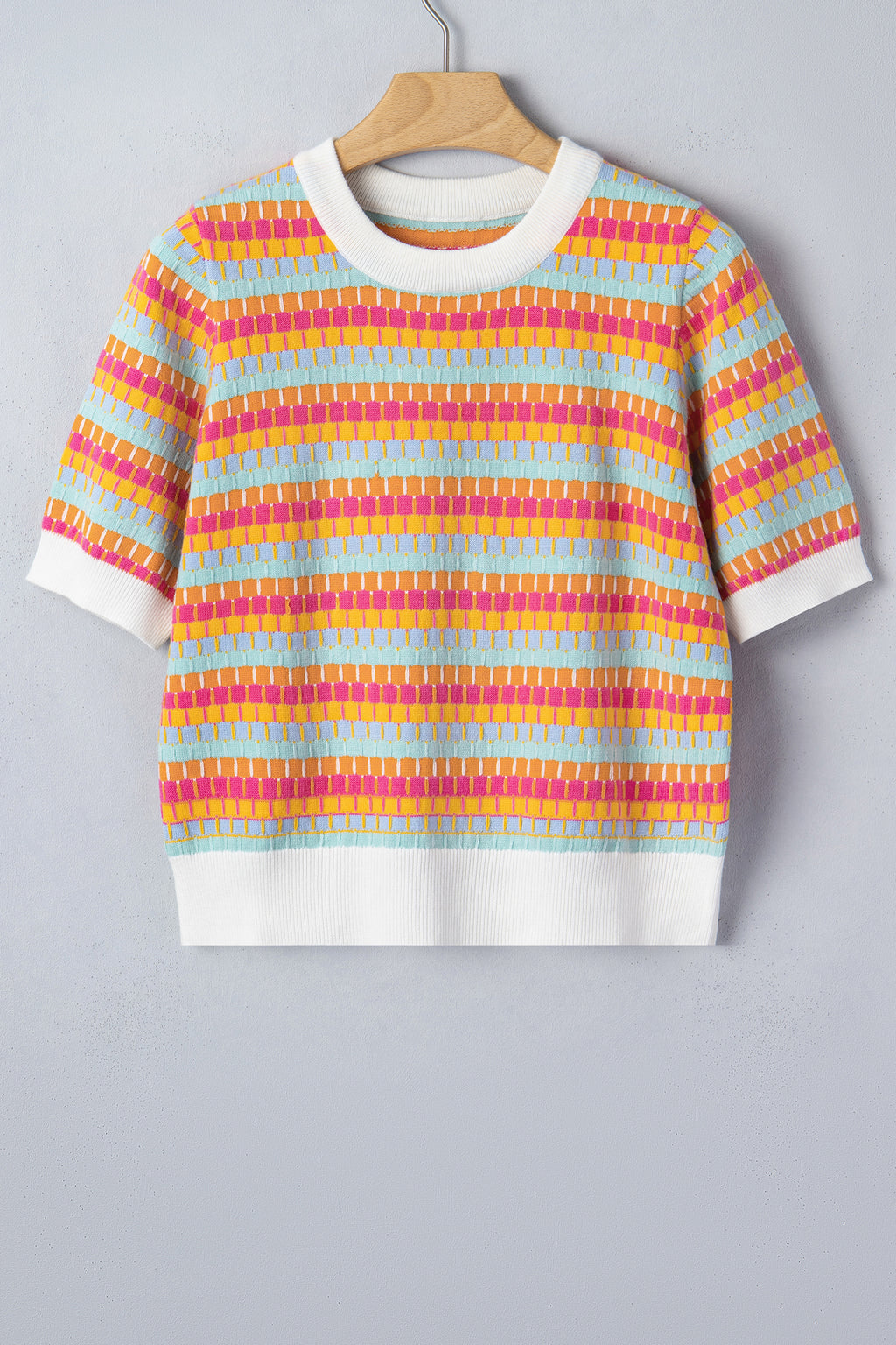 Women's Rose Red Abstract Stripe Knit Short Sleeve Sweater at LivelyLooks