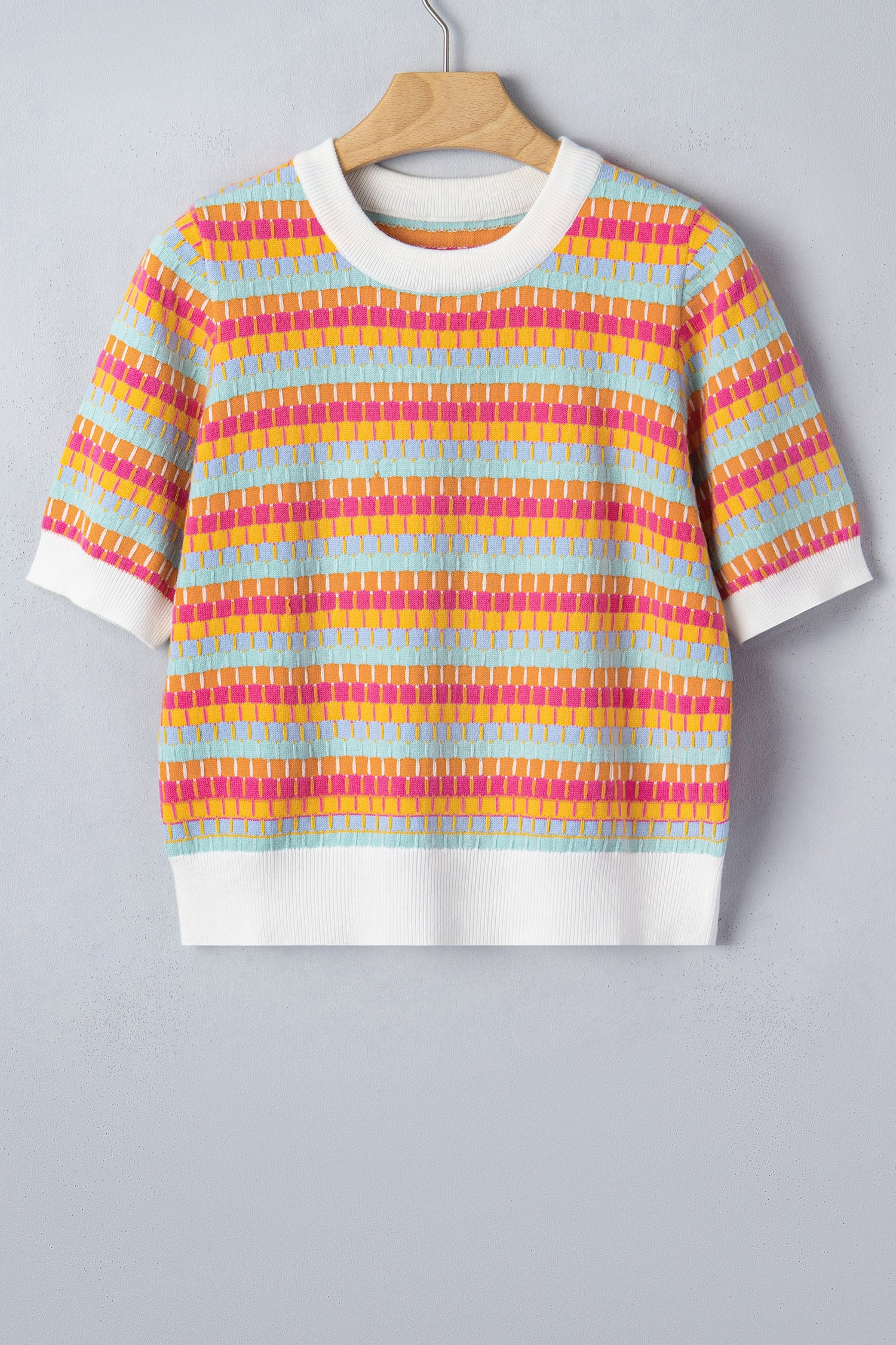 Women's Rose Red Abstract Stripe Knit Short Sleeve Sweater at LivelyLooks