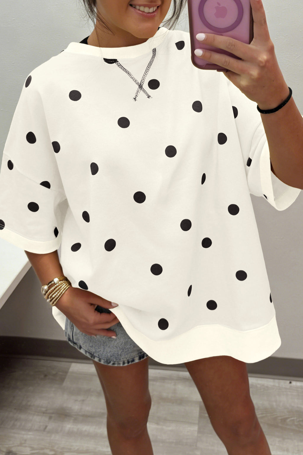 Beige Polka Dot Crossed Seam Detail Oversized Tee