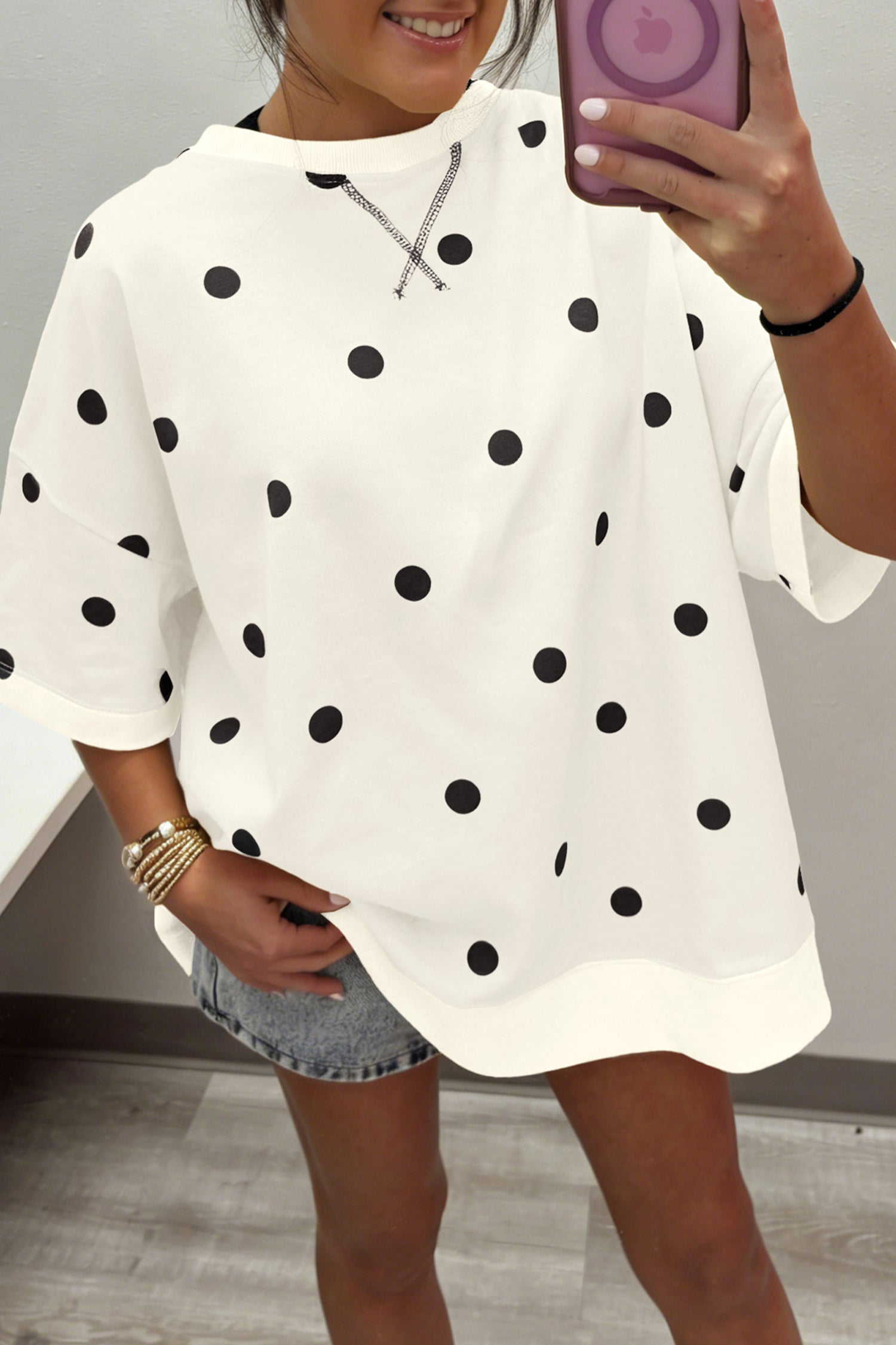 Beige Polka Dot Crossed Seam Detail Oversized Tee