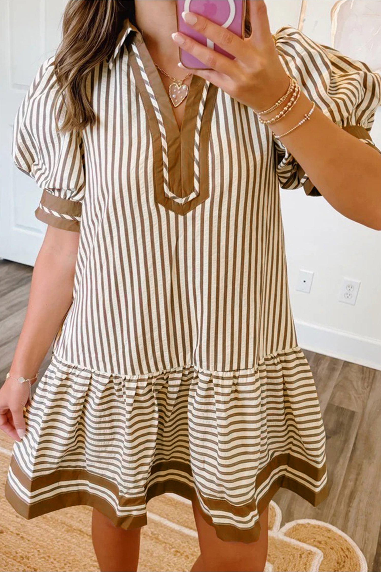 Brown Stripe Colour Block Ruffle Hem Shirt Collar Mini Dress S-XL