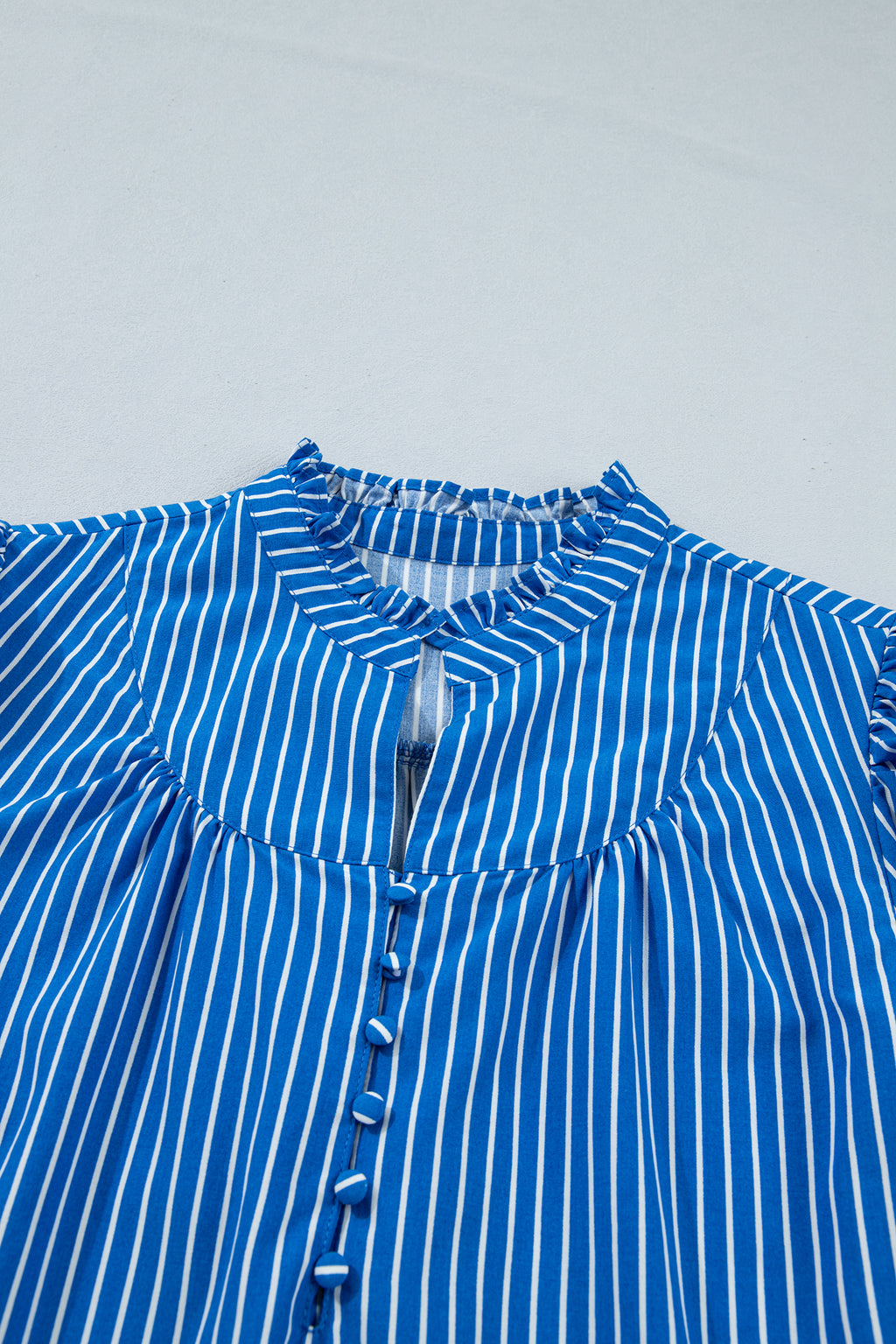 LivelyLooks Blue Stripe Puff Sleeve Blouse Ruffle Collar Button Front S-XL women's fashion