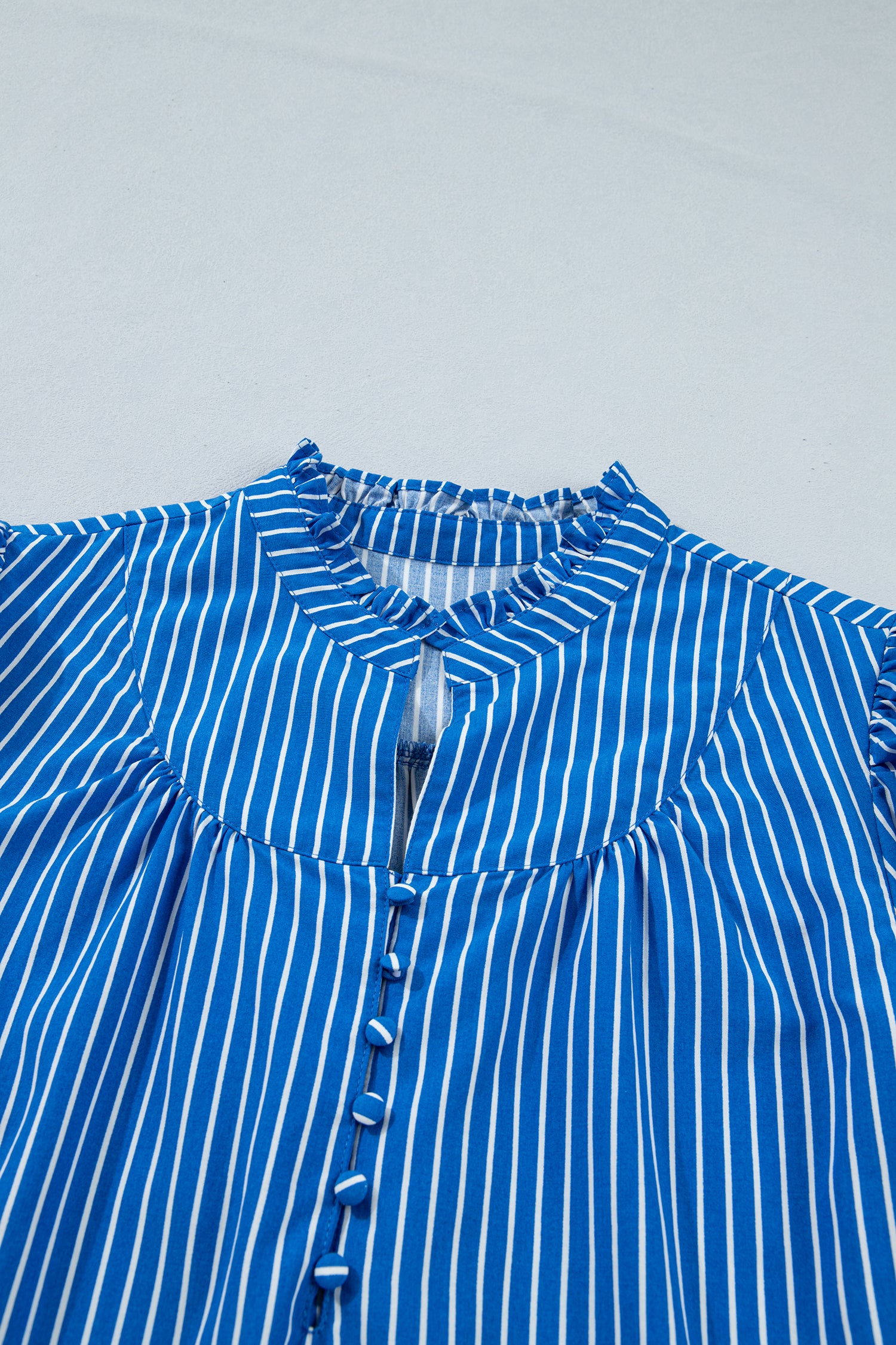 LivelyLooks Blue Stripe Puff Sleeve Blouse Ruffle Collar Button Front S-XL women's fashion