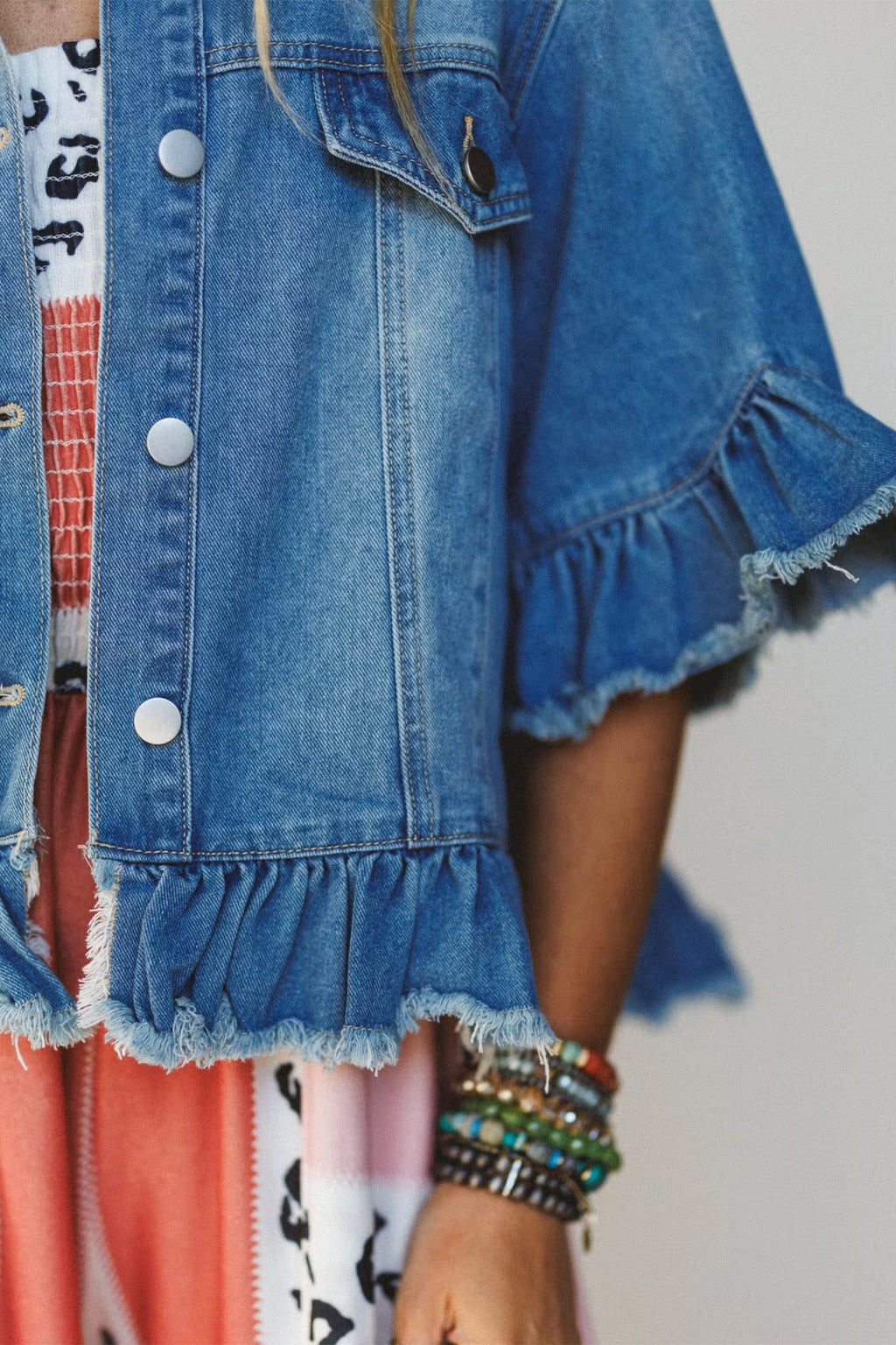 Blue Ruffle Hem Raw Edge Half Sleeve Western Denim Jacket | UK 8–22
