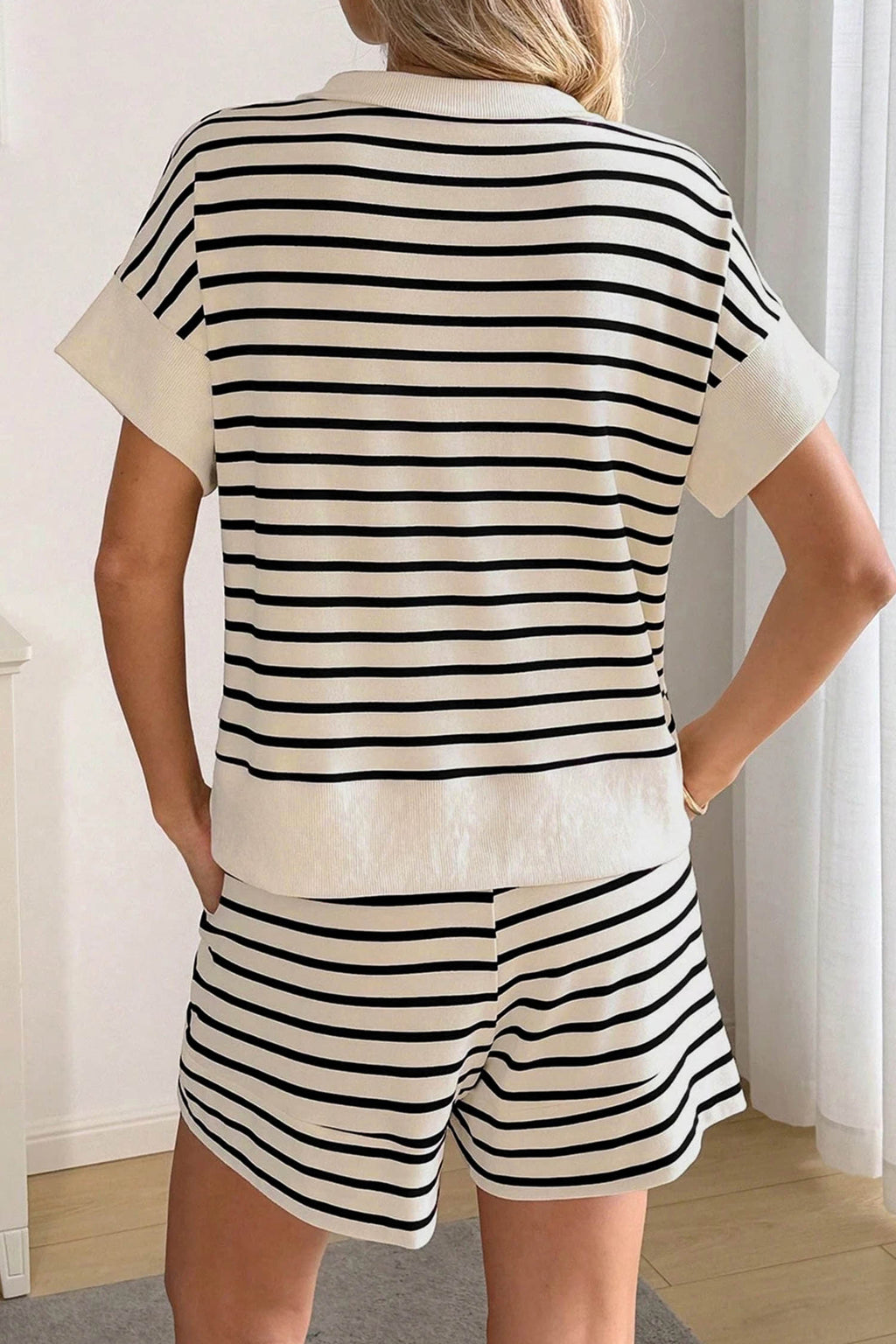 Black Stripe Ribbed Colour Block Half-Zip Polo Top Shorts Co-ord Set S-XL