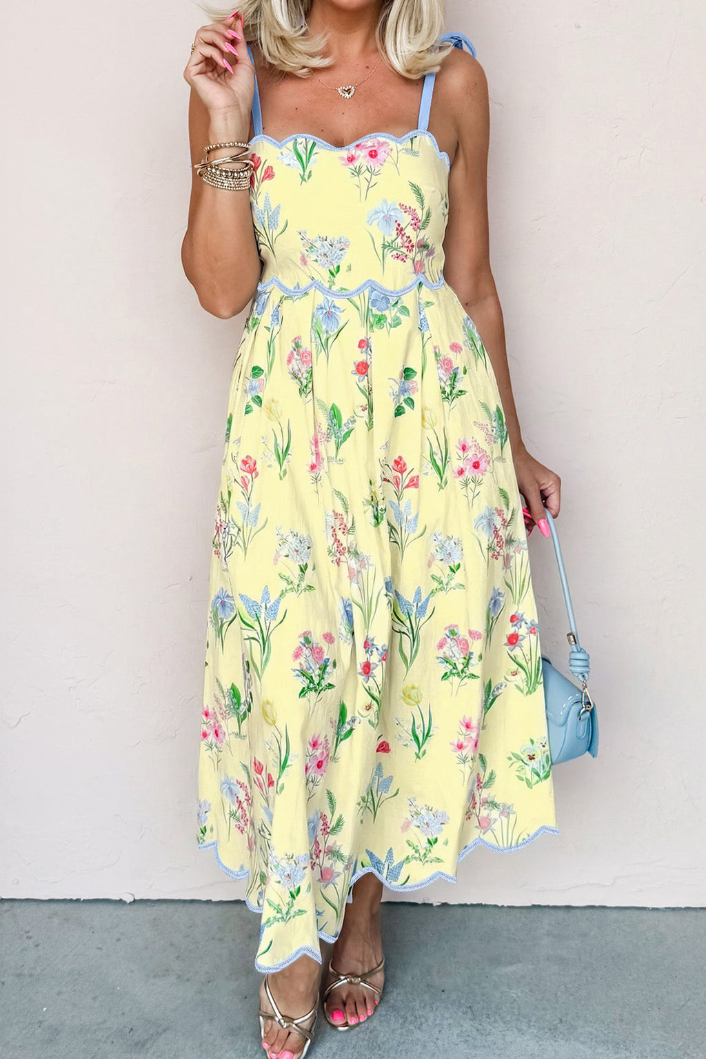 Floral Midi Dress Contrast Trim Self-Tie Straps High Waist Beige Pink Yellow