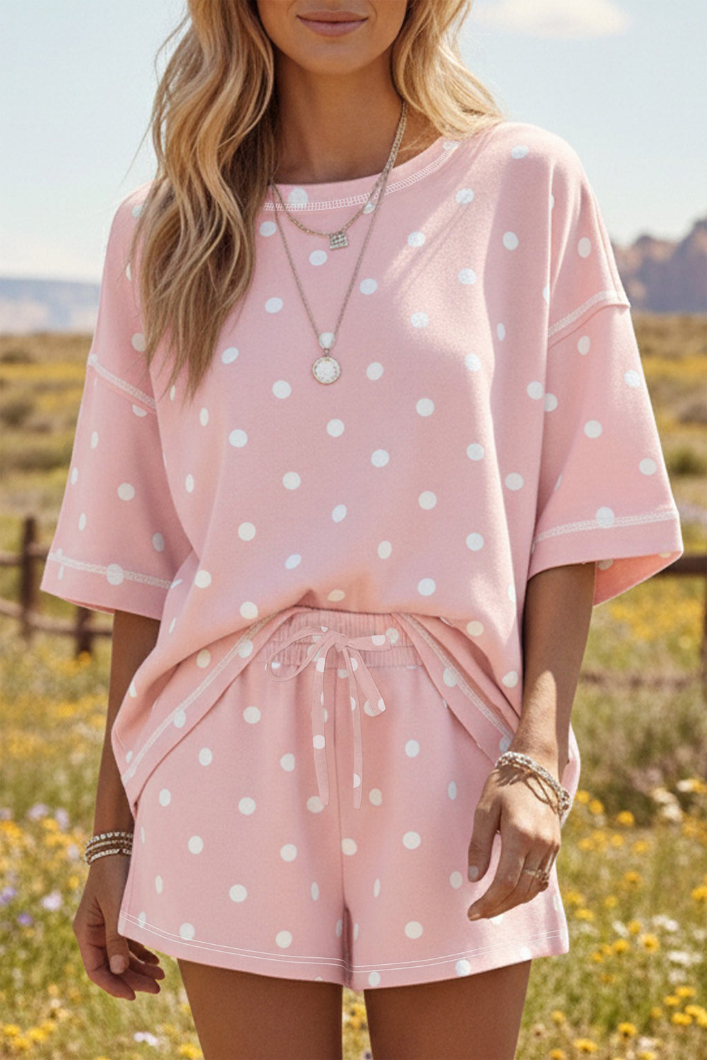 LivelyLooks White Polka Dot Exposed Seam Loose Tee & Drawstring Shorts Set S-XL women's fashion