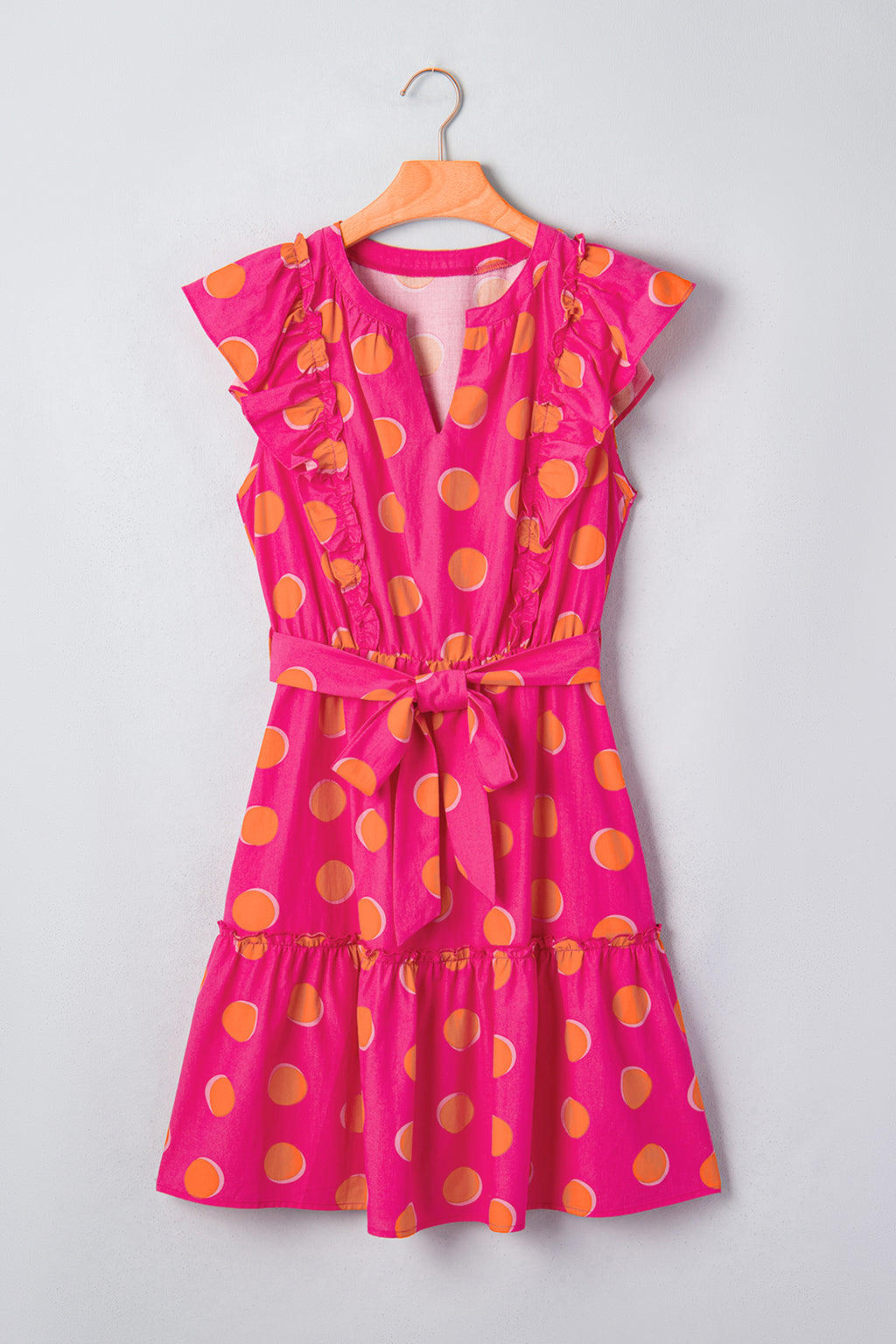 Rose Polka Dot V-Neck Ruffle Short Sleeve Knot Waist Mini Dress