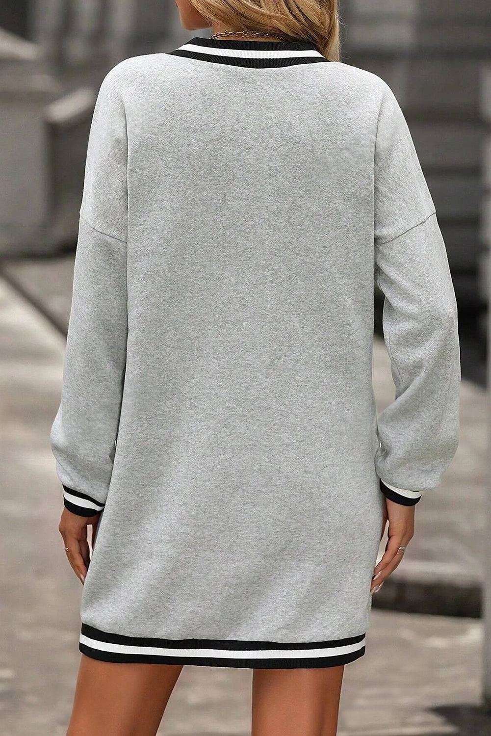 Light Grey Striped Trim V Neck Long Sleeve Preppy T-Shirt Dress S-XL