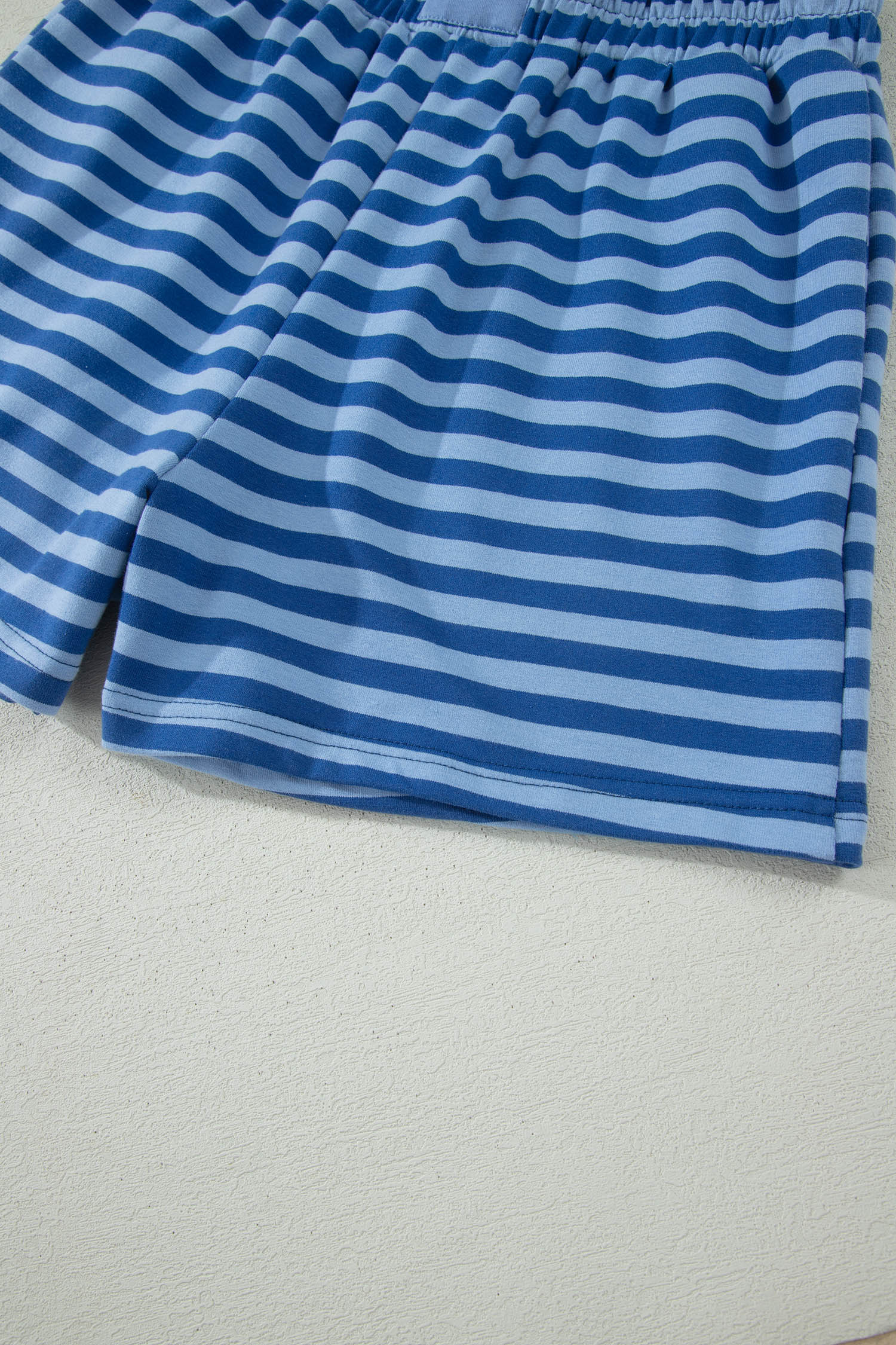 Striped Ribbed Cotton Short Set with Chest Patch Detail | Blue & Navy Stripe