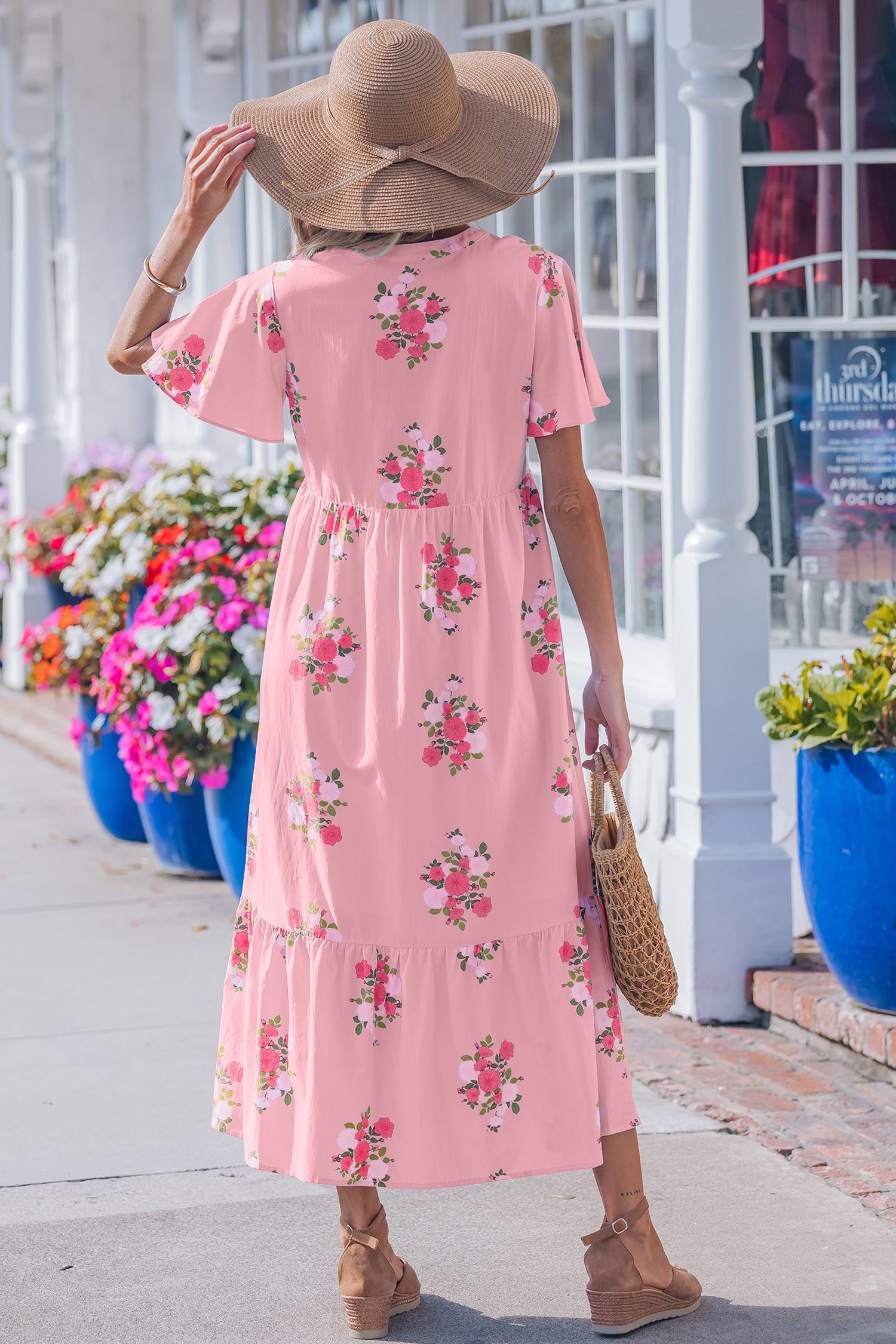 LivelyLooks Women's Floral Maxi Dress Flutter Sleeve Notched Neck Summer Holiday Pink Blue women's fashion