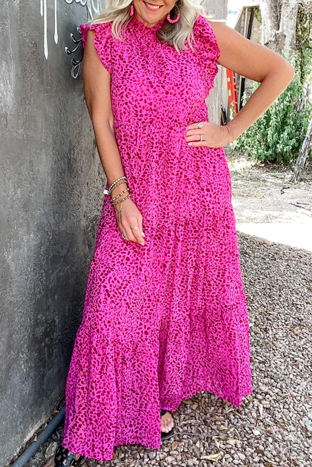 Shop Pink Leopard Print Ruffled Trim Tiered Maxi Dress Animal Pattern Casual Sundress at LivelyLooks