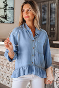 Shop Beau Blue Half Sleeve Button Down Ruffled High Low Chambray Shirt at LivelyLooks