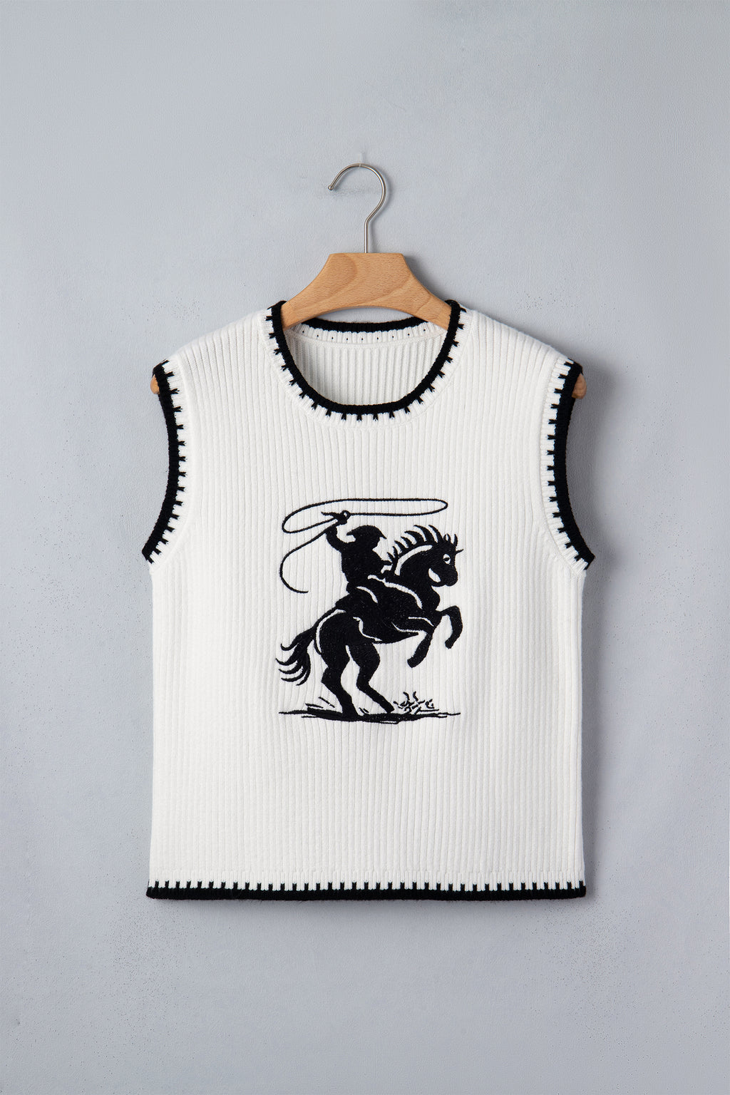 Women's White Rodeo Cowboy Contrast Trim Round Neck Sweater Vest at LivelyLooks