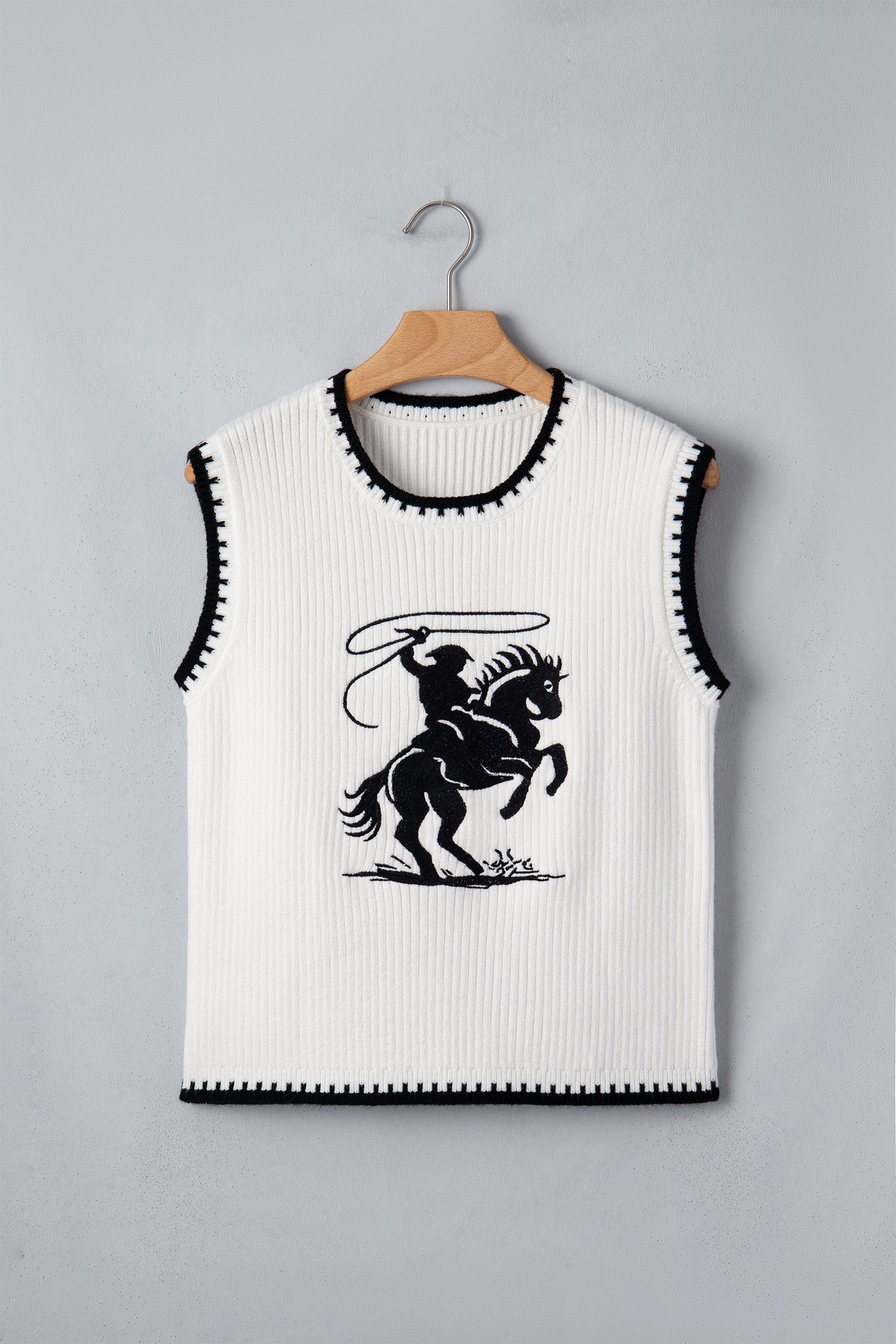 Women's White Rodeo Cowboy Contrast Trim Round Neck Sweater Vest at LivelyLooks