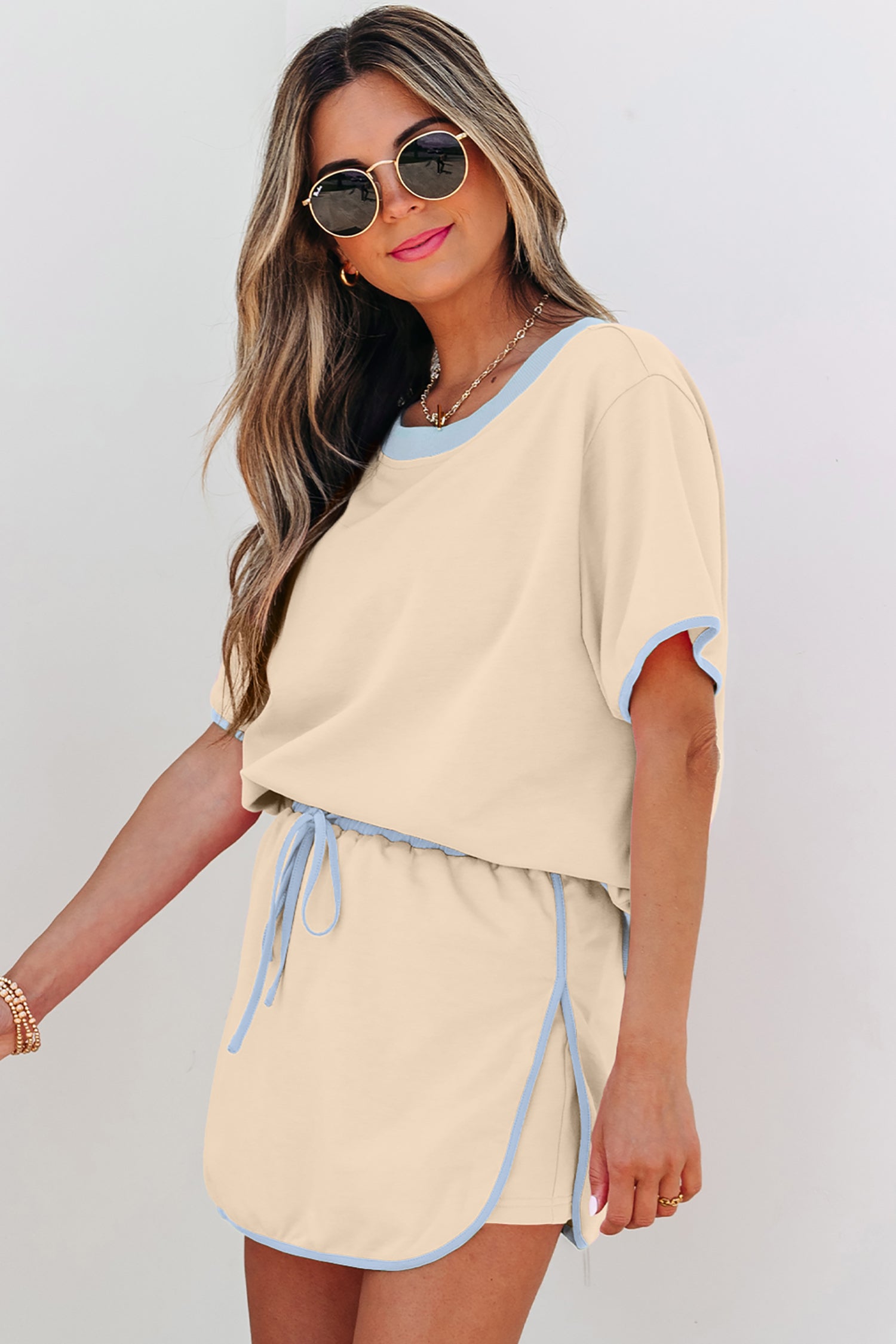 Colourblock Drop Shoulder T-Shirt & Skort 2-Piece Set Beige Black Green