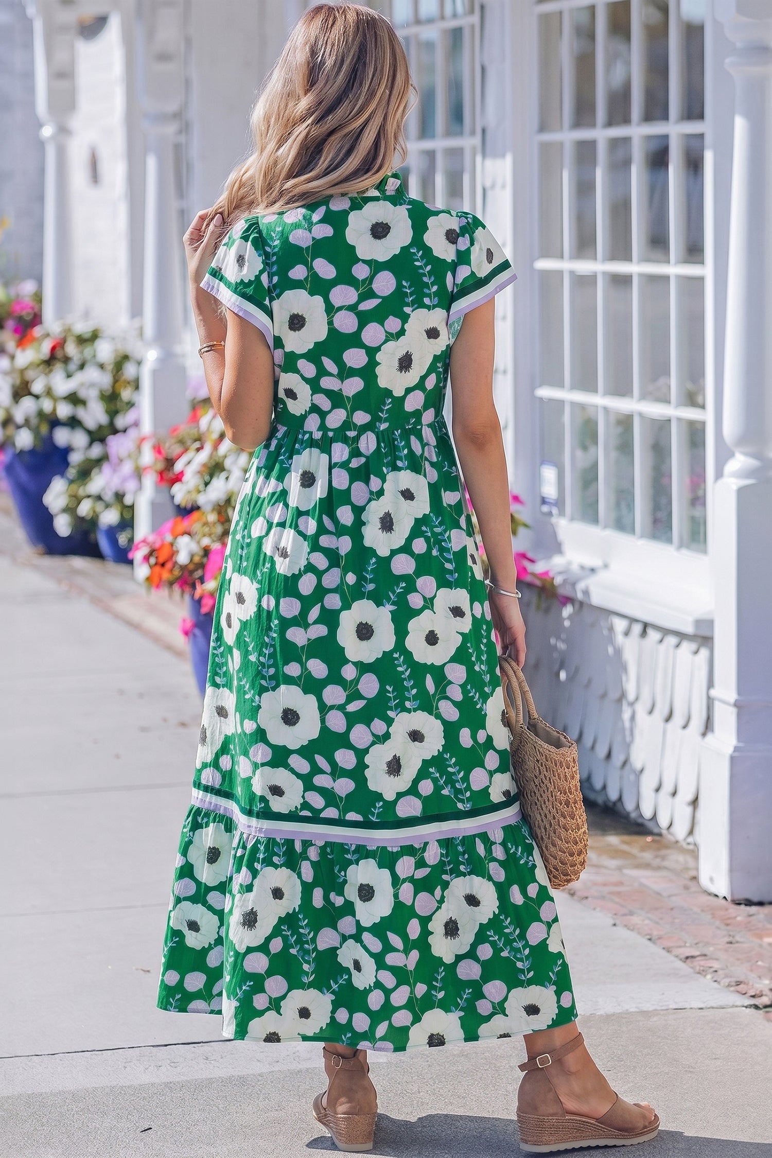 Women's Green Floral Maxi Dress V Neck Ruffle Sleeve Women S-XL at LivelyLooks