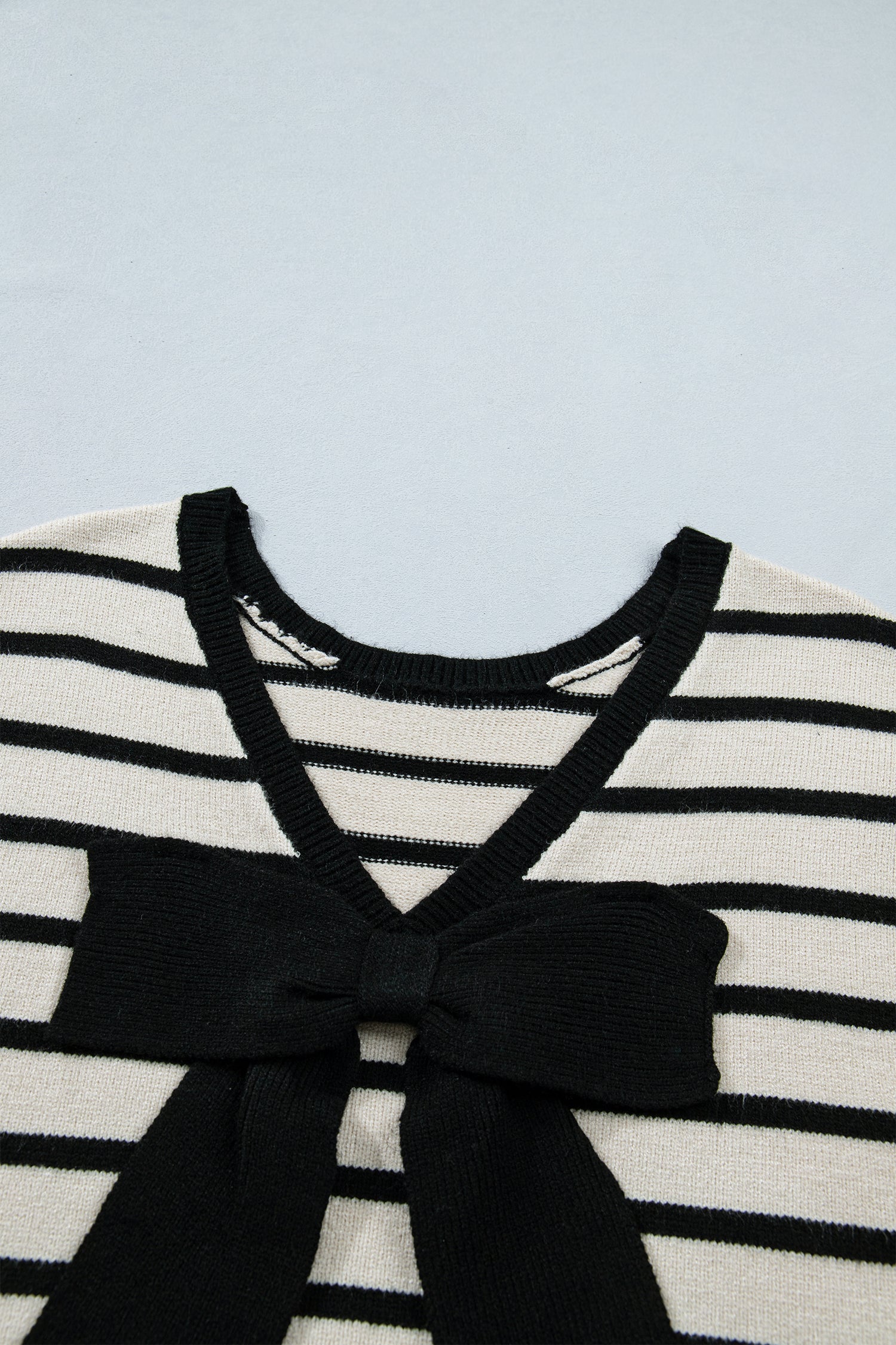 Women's Black Stripe Bow Applique Short Sleeve Sweater at LivelyLooks