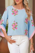 Women's Sky Blue Floral Print Button Cuff 3/4 Sleeve Round Neck Blouse at LivelyLooks