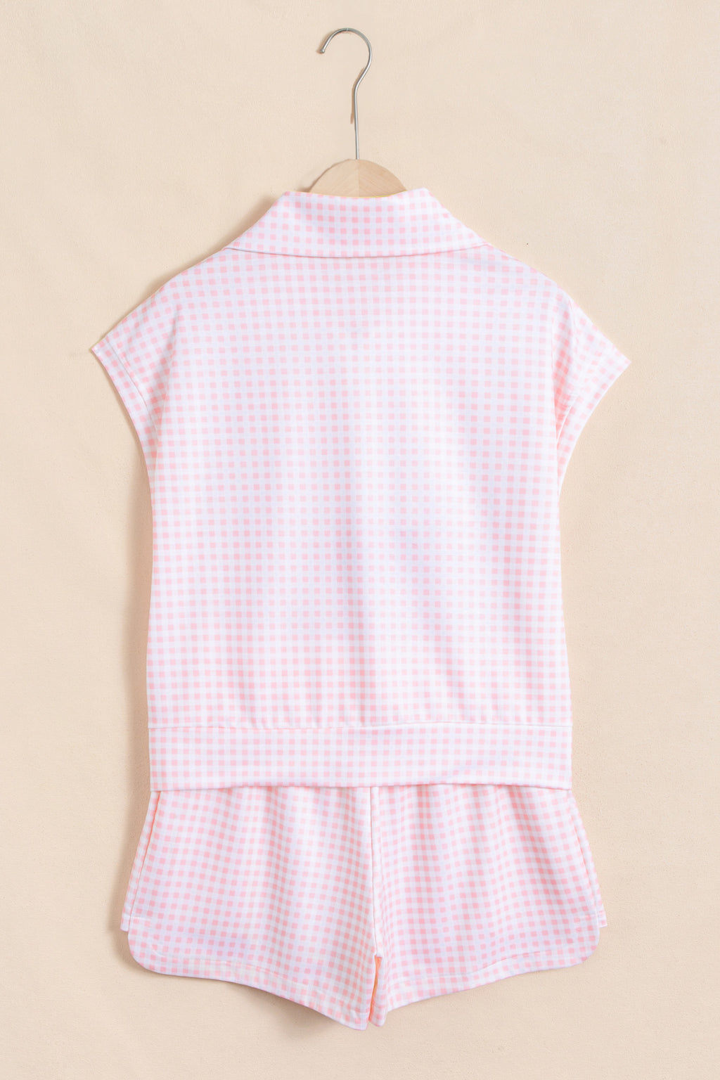 Pink Plaid Two Piece Short Set Zip Neck Sleeveless Top Elastic Waist Shorts S-XL