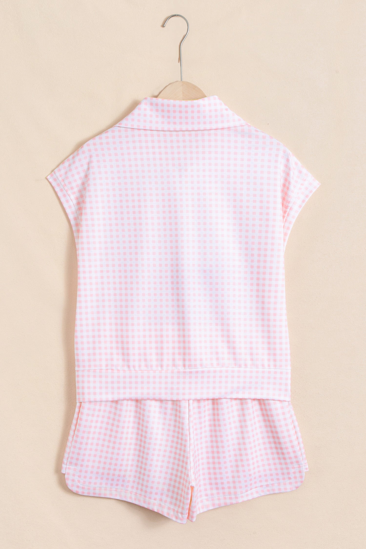 Pink Plaid Two Piece Short Set Zip Neck Sleeveless Top Elastic Waist Shorts S-XL