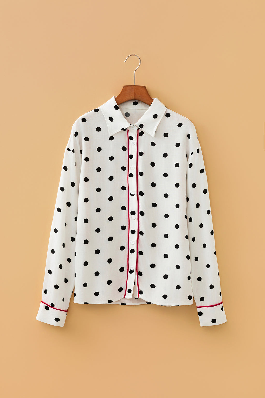 White Polka Dot Contrast Piping Elegant Women's Shirt
