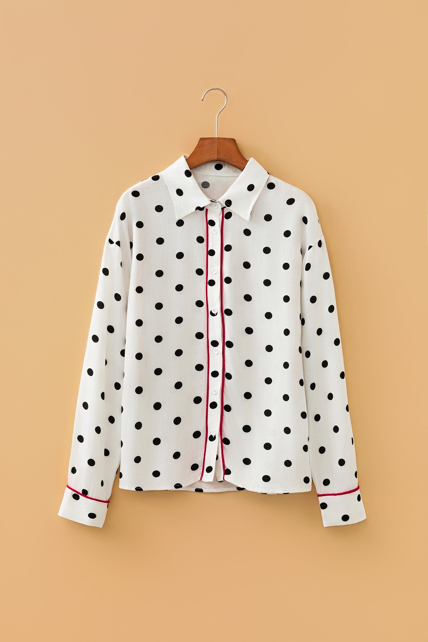 White Polka Dot Contrast Piping Elegant Women's Shirt